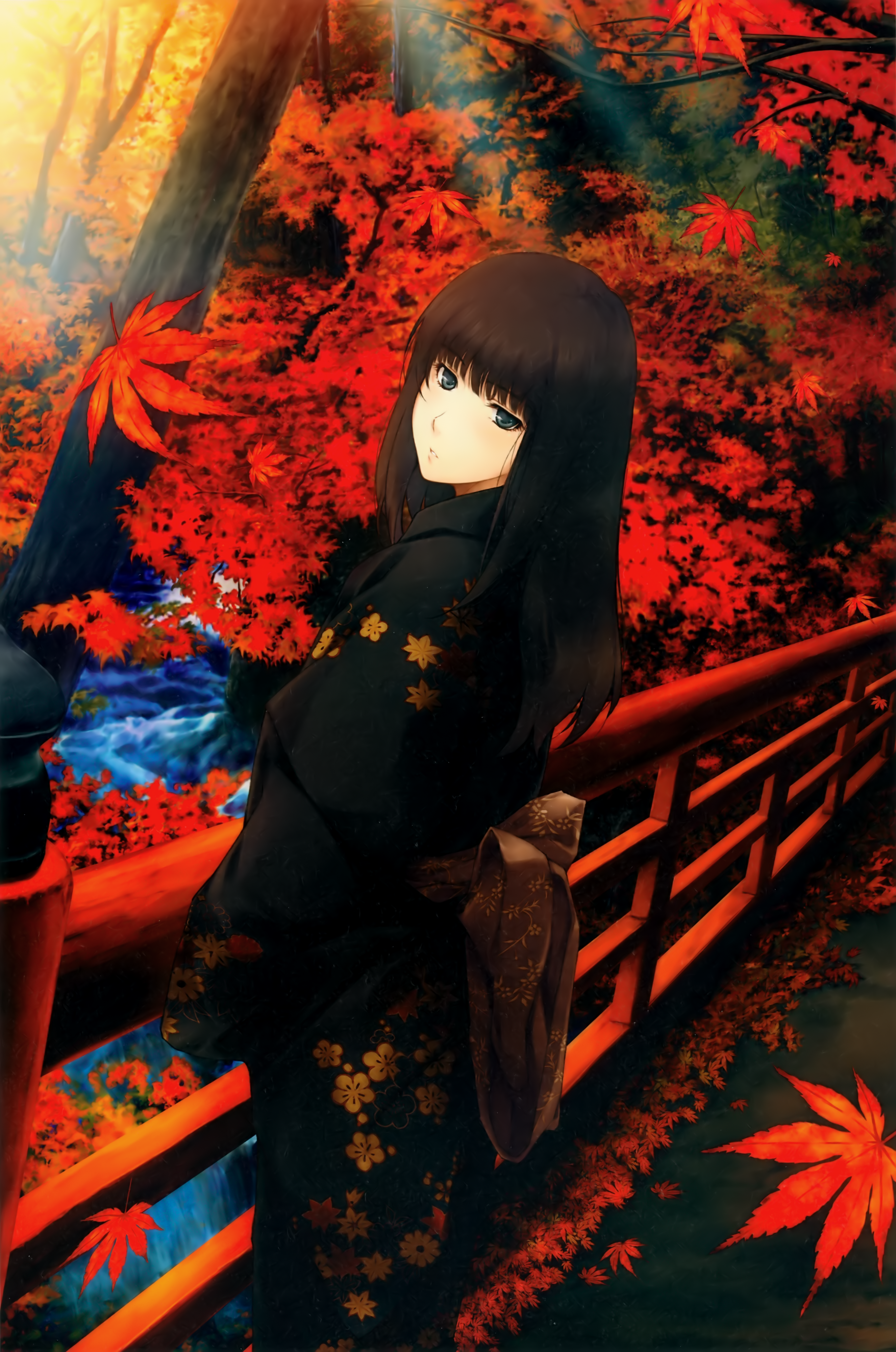 1girl absurdres black_hair bridge cowboy_shot female_focus floral_print grey_eyes highres japanese_clothes kara_no_shoujo kimono kuchiki_touko leaf long_hair looking_at_viewer obi sash solo standing sugina_miki tree water yukata