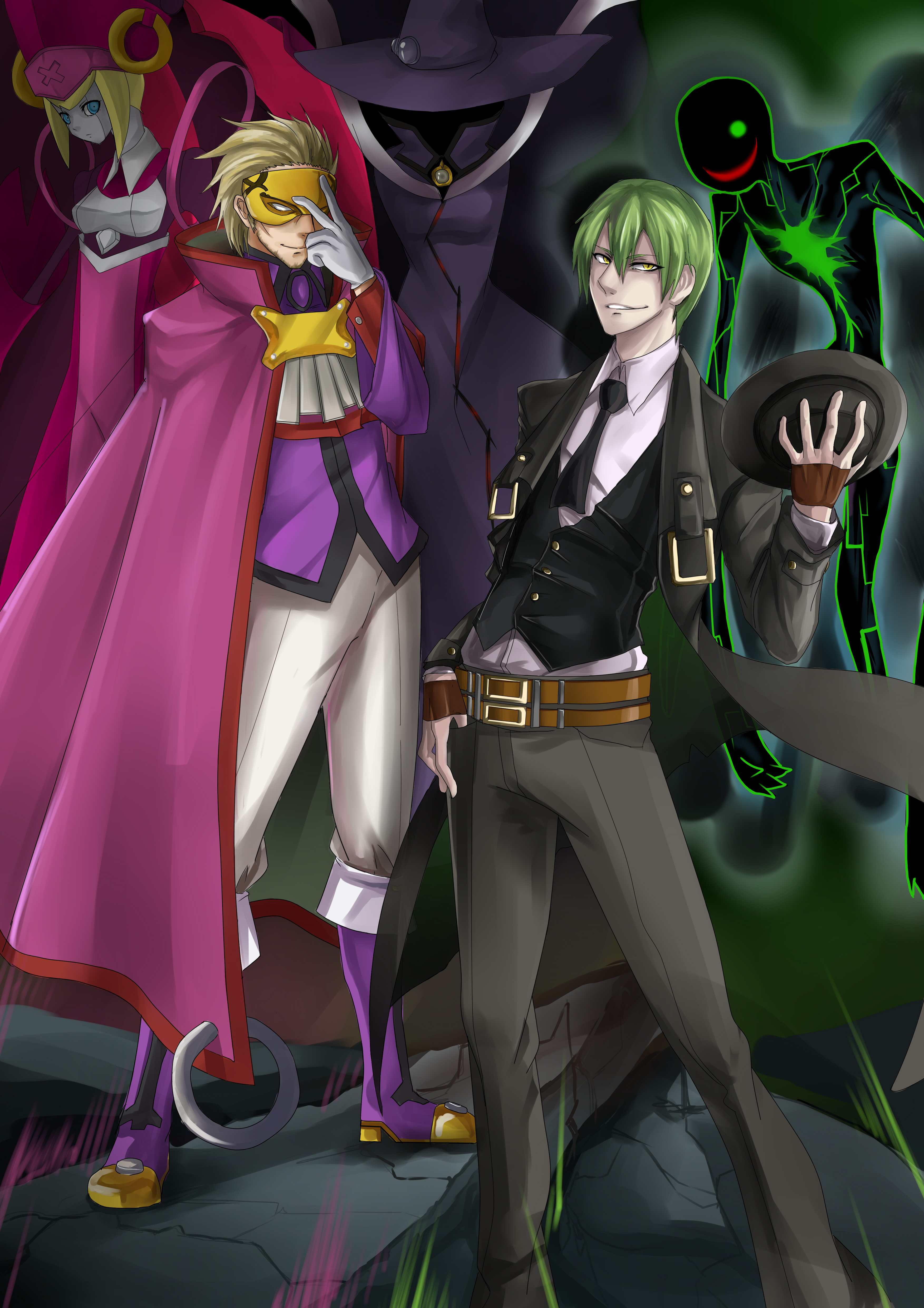 2boys absurdres android arc_system_works bad_id bad_pixiv_id blazblue blonde_hair blue_eyes boots cape evil_smile formal_clothes full_body green_hair hat hazama highres ignis_(blazblue) knee_boots luse_maonang male_focus mask multiple_boys necktie pants phantom_(blazblue) pink_hat purple_footwear relius_clover shoes smile suit unworn_hat unworn_headwear