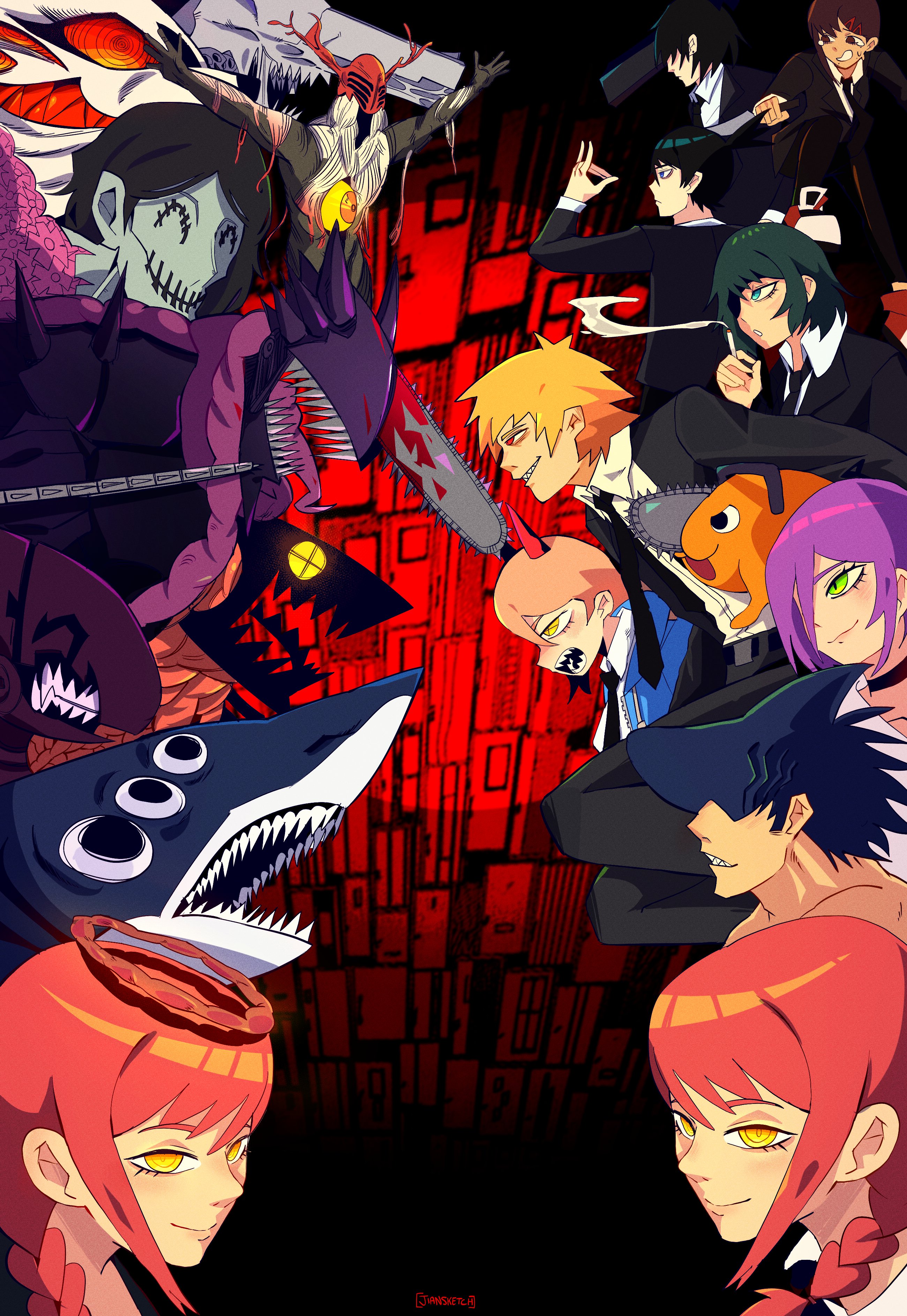 3boys 5girls absurdres beam_(chainsaw_man) black_hair black_necktie black_suit blonde_hair blood_devil_(chainsaw_man) blue_eyes bomb_devil_(chainsaw_man) chainsaw_devil chainsaw_man cigarette collared_shirt commentary denji_(chainsaw_man) english_commentary eyepatch formal_clothes fox_devil_(chainsaw_man) fox_shadow_puppet future_devil_(chainsaw_man) ghost_devil_(chainsaw_man) green_eyes grin gun gun_devil_(chainsaw_man) halo hayakawa_aki higashiyama_kobeni highres himeno_(chainsaw_man) holding holding_cigarette holding_knife jiansketch knife long_hair long_sleeves makima_(chainsaw_man) multiple_boys multiple_girls multiple_persona necktie parody persona persona_3 pink_hair pochita_(chainsaw_man) ponytail power_(chainsaw_man) purple_hair red_eyes red_hair reze_(chainsaw_man) ringed_eyes shark shark_devil_(chainsaw_man) shirt smile suit weapon white_shirt yellow_eyes