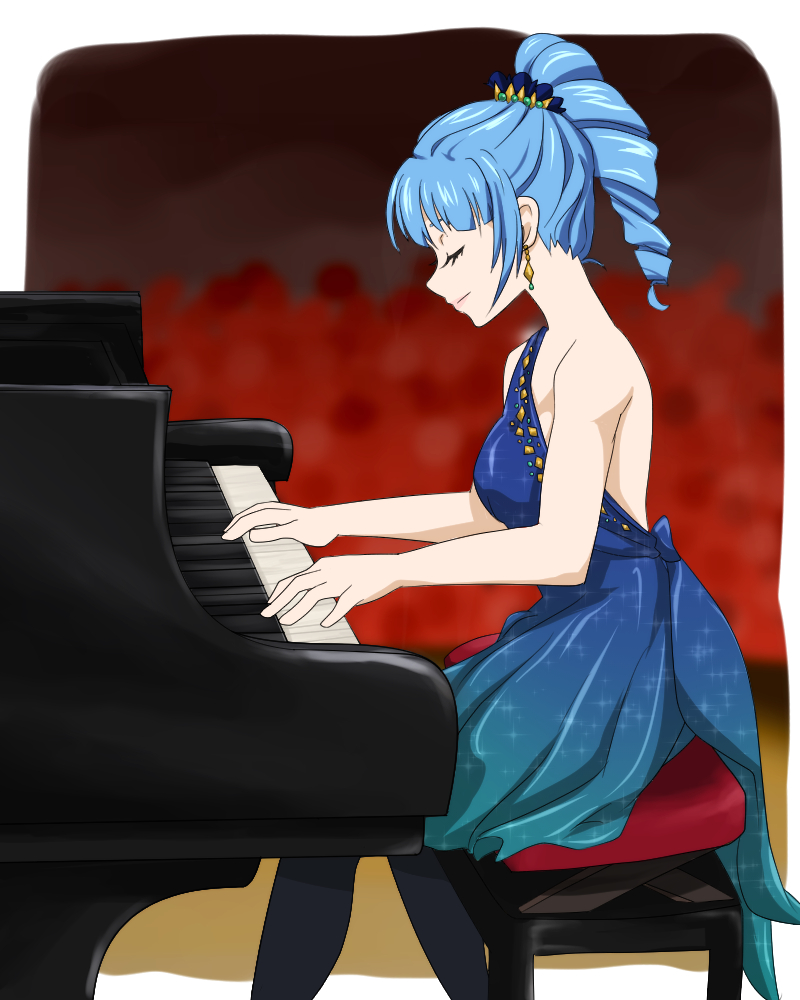 1girl ange_serena bare_shoulders blue_hair breasts dress earrings closed_eyes long_hair pantyhose ponytail tales_of_(series) tales_of_innocence
