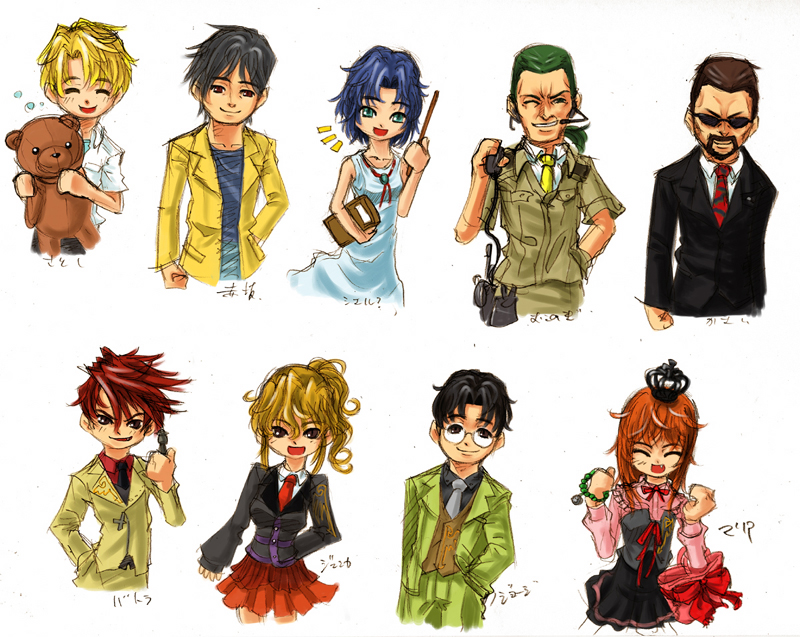 3girls 6+boys akasaka_mamoru bag beard black_hair blonde_hair blue_hair blush brown_hair chess_piece chie_rumiko child company_connection crown dress facial_hair fang formal_clothes glasses grin higurashi_no_naku_koro_ni houjou_satoshi kasai_tatsuyoshi long_hair looking_at_viewer multiple_boys multiple_girls necktie okonogi_tetsurou open_mouth orange_hair ponytail ryou_(shirotsumesou) short_hair simple_background skirt smile stuffed_animal stuffed_toy suit sunglasses teddy_bear umineko_no_naku_koro_ni ushiromiya_battler ushiromiya_george ushiromiya_jessica ushiromiya_maria
