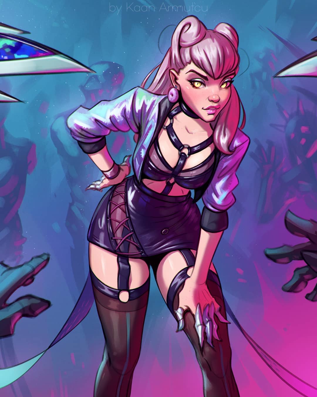 1girl black_thighhighs blush breasts cropped_jacket demon_girl evelynn_(league_of_legends) hand_on_own_hip hand_on_own_knee highres jacket k/da_(league_of_legends) k/da_all_out_evelynn kaanarmutcu_art league_of_legends long_hair looking_at_viewer medium_breasts open_clothes open_jacket solo statue thighhighs white_hair yellow_eyes
