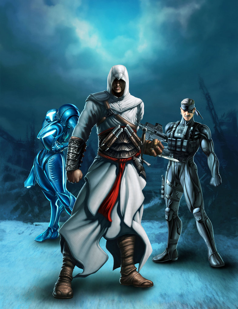 1girl 2boys altair_ibn_la-ahad assassin&#039;s_creed assassin&#039;s_creed_(series) concealed_weapon crossover dark_samus artistic_error eyepatch facial_hair formal_clothes gradient_background gun hidden_blade_(assassin&#039;s_creed) hood metal_gear_(series) metal_gear_solid_4:_guns_of_the_patriots metroid multiple_boys mustache nintendo old_snake power sky solid_snake standing suit weapon