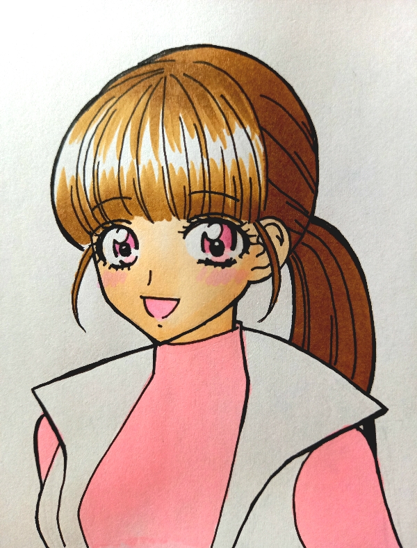 1girl bakuage_sentai_boonboomger kwai_chi light_brown_hair pink_eyes pink_shirt shifuto_mira shirt super_sentai vest white_vest