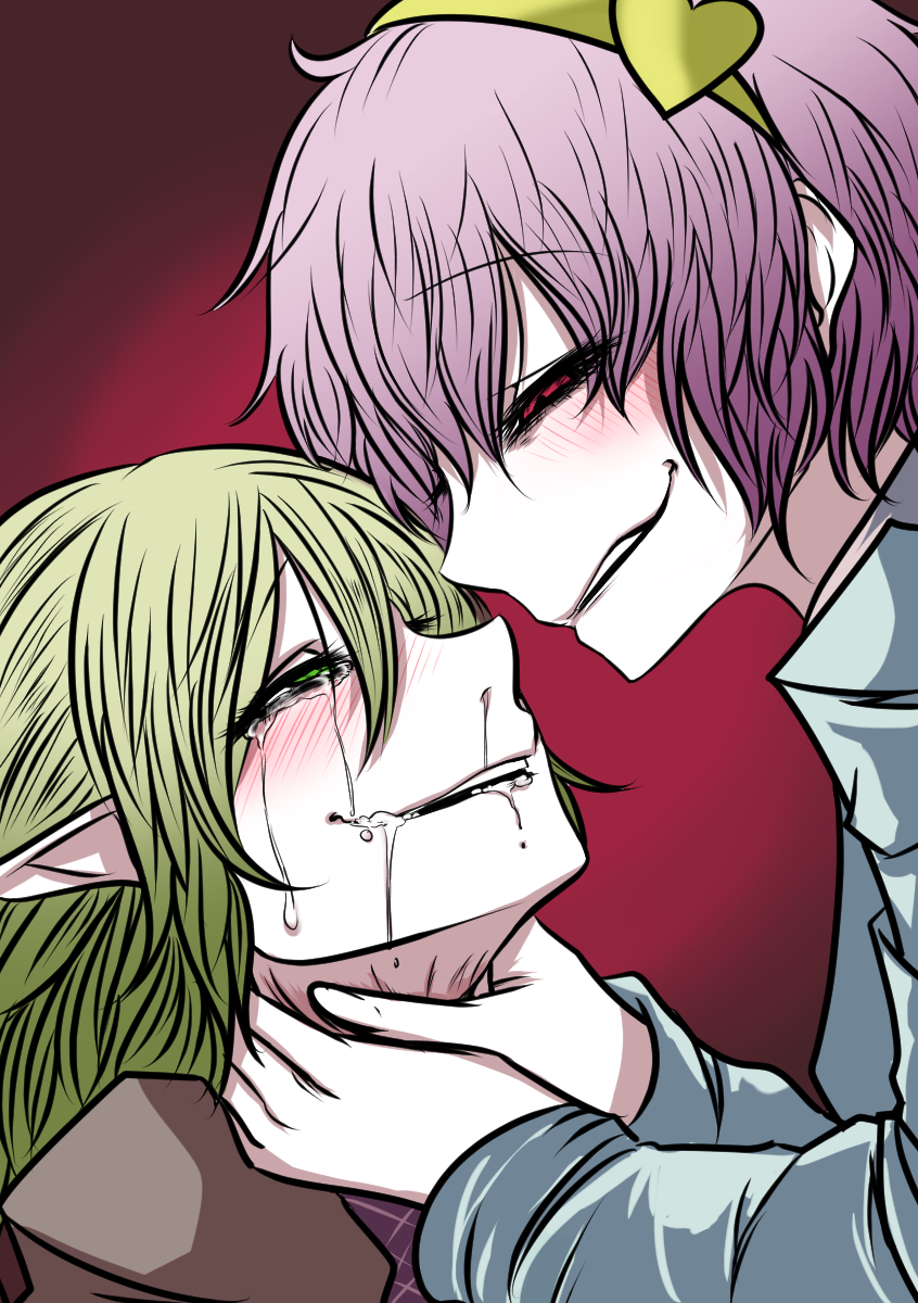 2girls blonde_hair blush brown_shirt commentary_request green_eyes grin hair_ornament heart heart_hair_ornament highres komeiji_satori looking_at_another messy_hair mizuhashi_parsee multiple_girls pink_hair pointy_ears red_background red_eyes sei_no_ji shirt short_hair smile strangling touhou upper_body