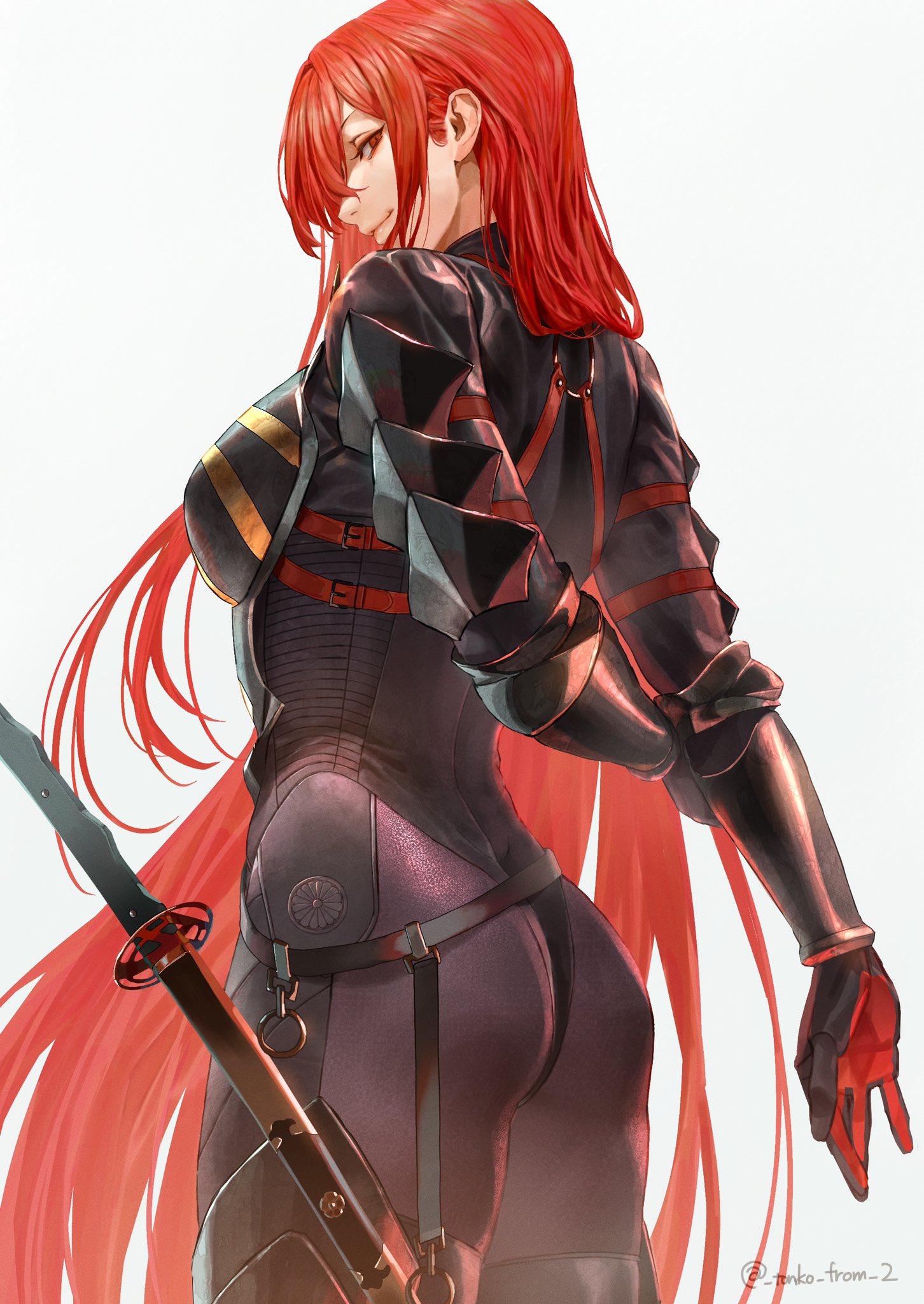 1girl ass back black_bodysuit bodysuit breasts fate/grand_order fate_(series) hair_over_one_eye highres katana large_breasts long_hair long_sleeves looking_at_viewer looking_back oda_nobunaga_(fate) oda_nobunaga_(maou_avenger)_(fate) red_eyes red_hair smile solo sword thighs tonko_from weapon