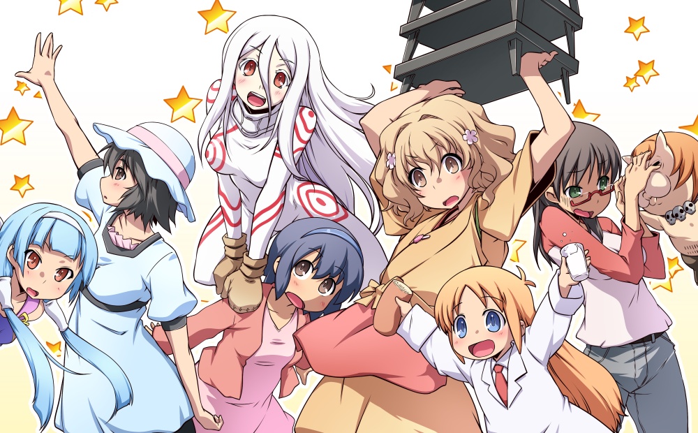 10s 6+girls azazel_(azazel-san) bad_id bad_pixiv_id black_hair blue_eyes blue_hair bodysuit brown_eyes child crossover deadman_wonderland denim dress flower food glass glasses green_eyes hair_ornament hairband hanasaku_iroha hanazawa_kana hat hen_zemi japanese_clothes jeans kannagi kimono lab_coat long_hair matsumae_ohana matsutaka_nanako milk multiple_crossover multiple_girls nagi necktie nichijou orange_hair pants professor_shinonome ryo-ma sakuma_rinko season_connection shiina_mayuri shiro_(deadman_wonderland) short_hair star_(symbol) steins;gate twintails voice_actor_connection white_hair yondemasu_yo_azazel-san.