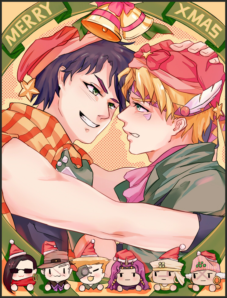 1girl :3 bare_shoulders battle_tendency bell blonde_hair blush bow caesar_anthonio_zeppeli chibi christmas esidisi facial_mark feather_hair_ornament feathers fingerless_gloves gloves green_eyes grin hair_ornament hat hat_bow jojo_no_kimyou_na_bouken joseph_joestar joseph_joestar_(young) kars_(jojo) lisa_lisa male_focus orange_scarf pink_scarf purple_hair robert_e._o._speedwagon rudolph_von_stroheim santa_hat scarf smile striped_clothes striped_scarf sunglasses triangle_print wamuu wuziky00