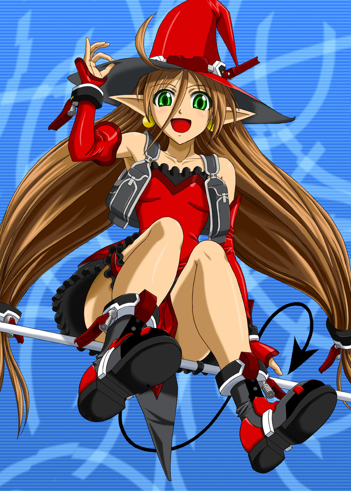 1girl :d ahoge banpresto broom broom_riding demon_tail dress earrings female_focus green_eyes hand_on_headwear hat inanaki_shiki jewelry kyon_feulion long_hair open_mouth pointy_ears red_eyes red_hair smile solo super_robot_wars super_robot_wars_og_saga_mugen_no_frontier tail witch_hat
