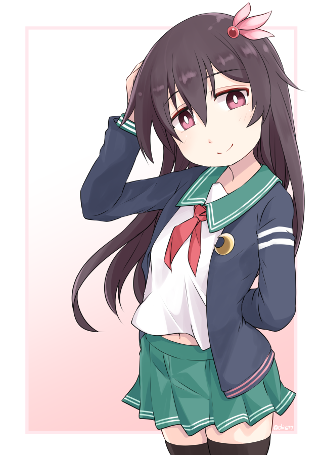 1girl black_thighhighs crescent crescent_pin flat_chest green_sailor_collar green_skirt hair_ornament kantai_collection kisaragi_(kancolle) kisaragi_kai_ni_(kancolle) long_hair long_sleeves miniskirt neckerchief okitarou_(okiyo) pleated_skirt purple_eyes purple_hair red_neckerchief sailor_collar school_uniform serafuku skirt smile solo thighhighs