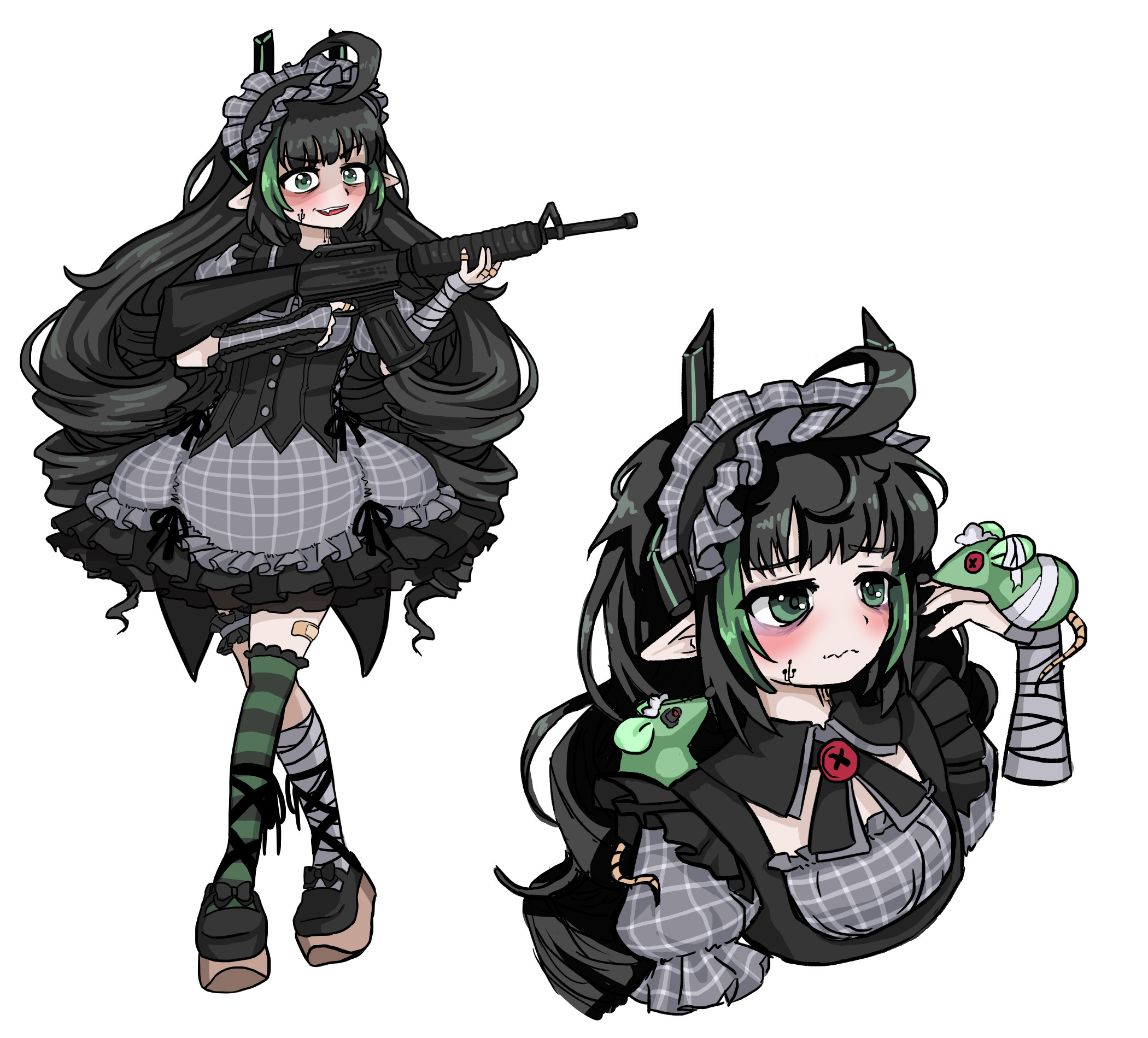 ahoge anon_non_(artist) bandaged_arm bandages bandaid bandaid_on_leg black_hair blush elf elfinpsyop holding_rifle horns indie_virtual_youtuber long_hair maid maid_headdress mechanical_horns pointy_ears transparent_background
