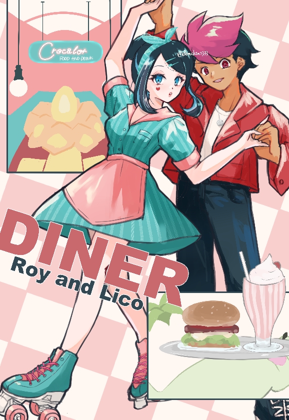 1boy 1girl alternate_costume apron black_hair black_pants blue_eyes bow_hairband burger character_name commentary_request demekin2333 dessert dress food green_dress hairband heart_sticker holding_hands jacket liko_(pokemon) looking_at_viewer multicolored_hair nintendo open_clothes open_jacket pants pink_apron pink_socks pokemon pokemon_(anime) pokemon_horizons red_jacket roller_skates roy_(pokemon) shirt short_sleeves skates socks standing sticker_on_face streaked_hair waist_apron white_shirt