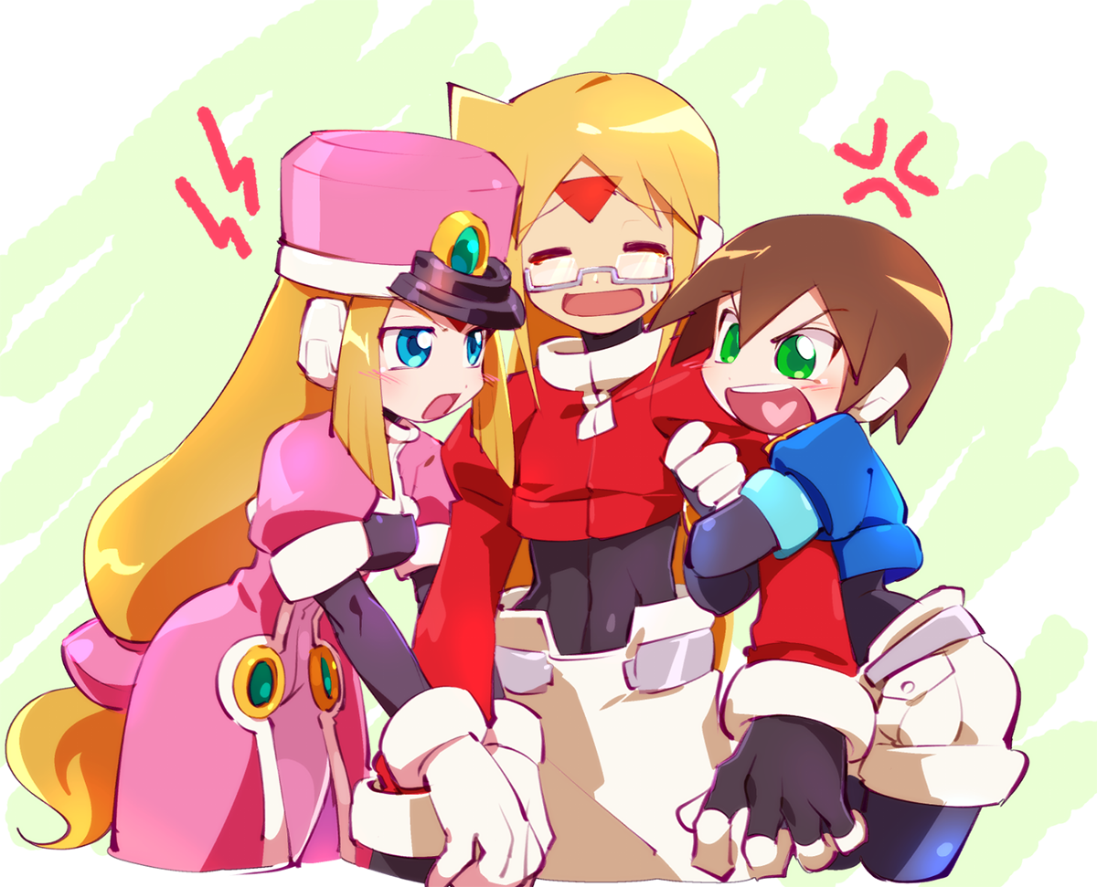 1boy 2girls aile_(mega_man_zx) black_bodysuit blonde_hair blue_eyes blue_jacket bodysuit bodysuit_under_clothes brown_hair closed_eyes coat covered_navel cropped_jacket facial_mark forehead_mark girouette_(mega_man) glass grabbing_another's_arm green_eyes hat heart heart_in_mouth jacket kon_(kin219) linea_alba long_hair long_sleeves mega_man_(series) mega_man_zx multiple_girls pants pink_coat prairie_(mega_man) red_jacket robot_ears semi-rimless_eyewear shako_cap short_hair short_sleeves shorts sweatdrop under-rim_eyewear white_pants white_shorts