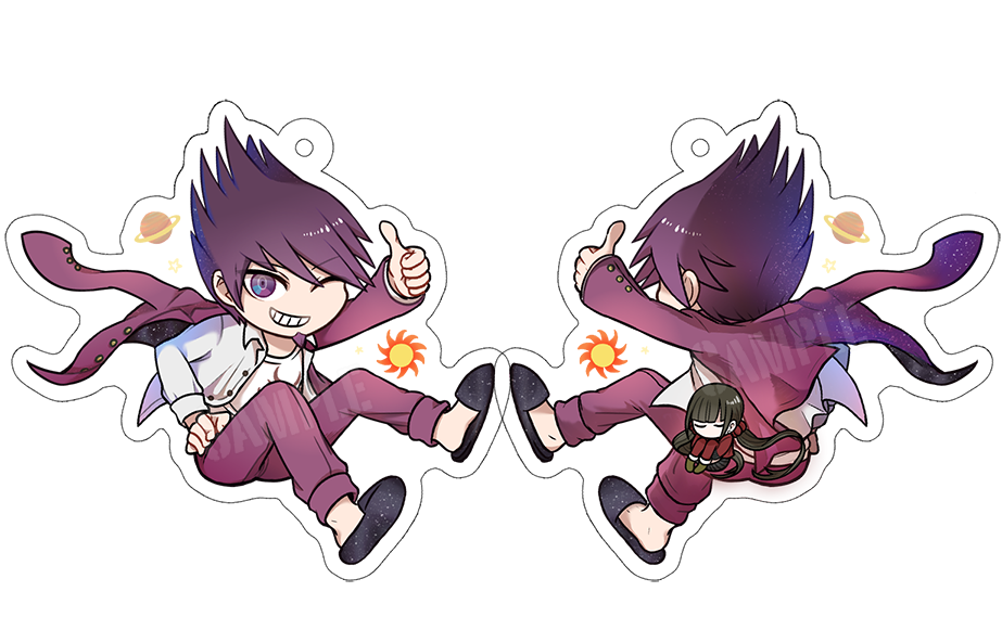 1girl blunt_bangs brown_hair charm_(medium) chibi commentary_request danganronpa_(series) danganronpa_v3:_killing_harmony facial_hair goatee grin hair_between_eyes hair_ornament hair_scrunchie harukawa_maki hugging_own_legs jacket jacket_partially_removed long_hair long_sleeves low_twintails male_focus momota_kaito one_eye_closed open_clothes pants planet purple_eyes purple_facial_hair purple_hair purple_jacket purple_pants red_scrunchie red_shirt red_thighhighs school_uniform scrunchie shirt short_hair simple_background skirt slippers smile spiked_hair starry_sky_print sun teeth thighhighs thumbs_up twintails white_background white_shirt yunxd