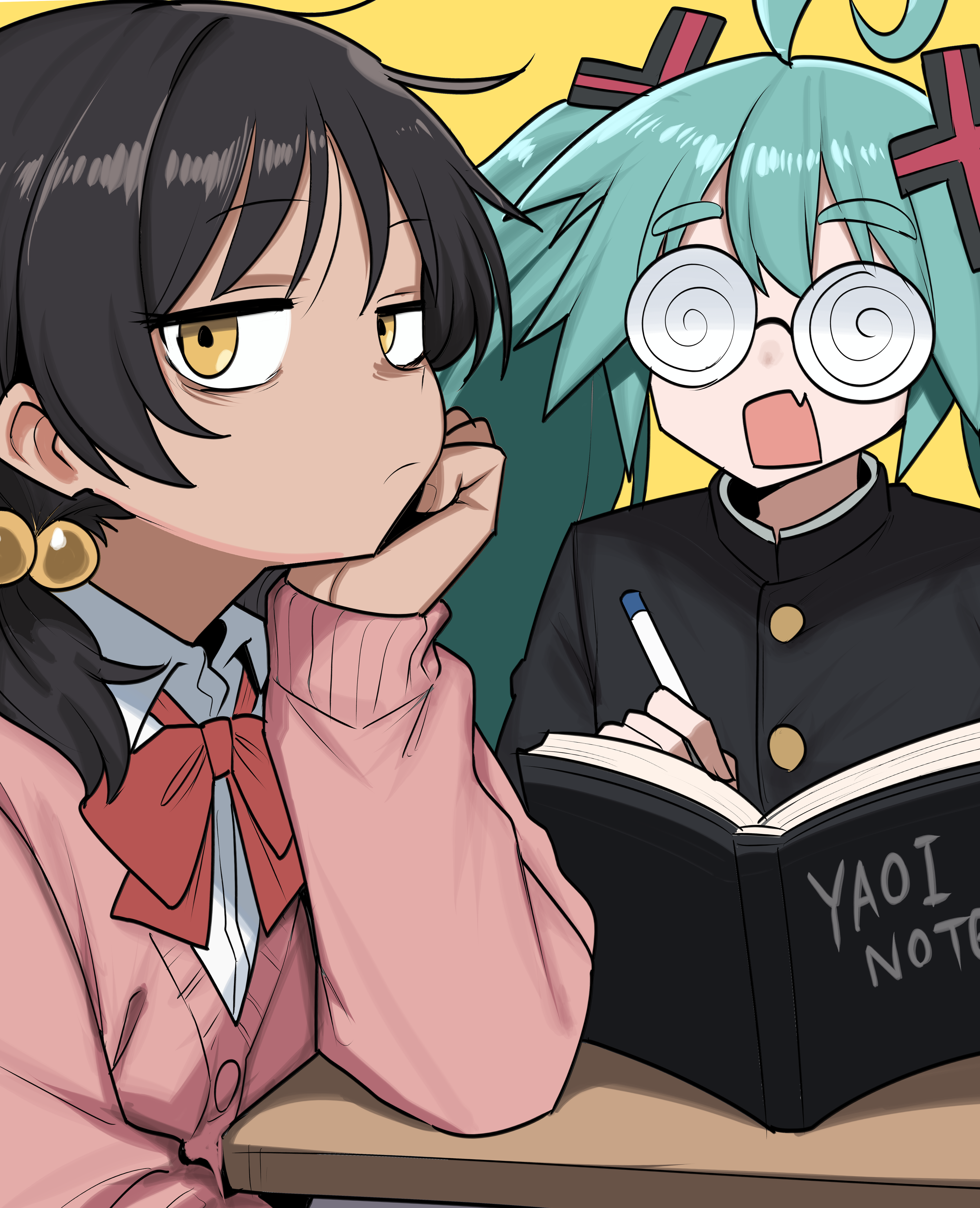 2girls absurdres aqua_eyes bow bowtie brown_hair cardigan coke-bottle_glasses confessions_of_a_rotten_girl_(vocaloid) cross_hair_ornament dandadan death_note_(object) fang flat_chest fujoshi gakuran geulimykun_(skbyunea413) glasses hair_ornament hatsune_miku highres kaai_yuki long_hair looking_at_viewer low_twintails multiple_girls open_mouth pink_cardigan red_bow red_bowtie school_uniform shirt short_twintails skin_fang twintails vocaloid white_shirt yellow_background yellow_eyes zako_(vocaloid)
