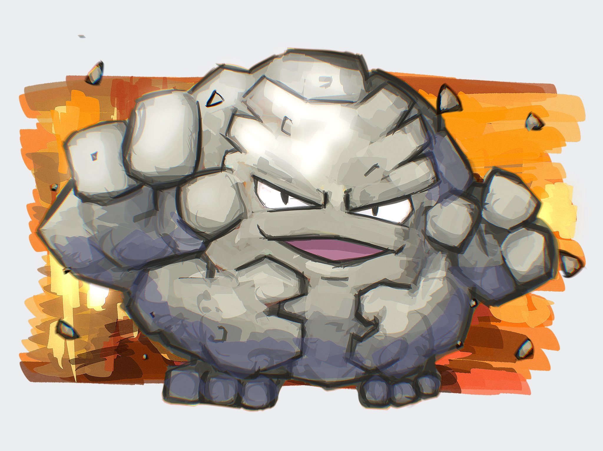 abstract_background commentary_request extra_arms full_body gen_1_pokemon graveler highres looking_at_viewer nintendo no_humans open_mouth pokemon pokemon_(creature) pokemon_focus rock shichi_(7cube_ori) solo v-shaped_eyes