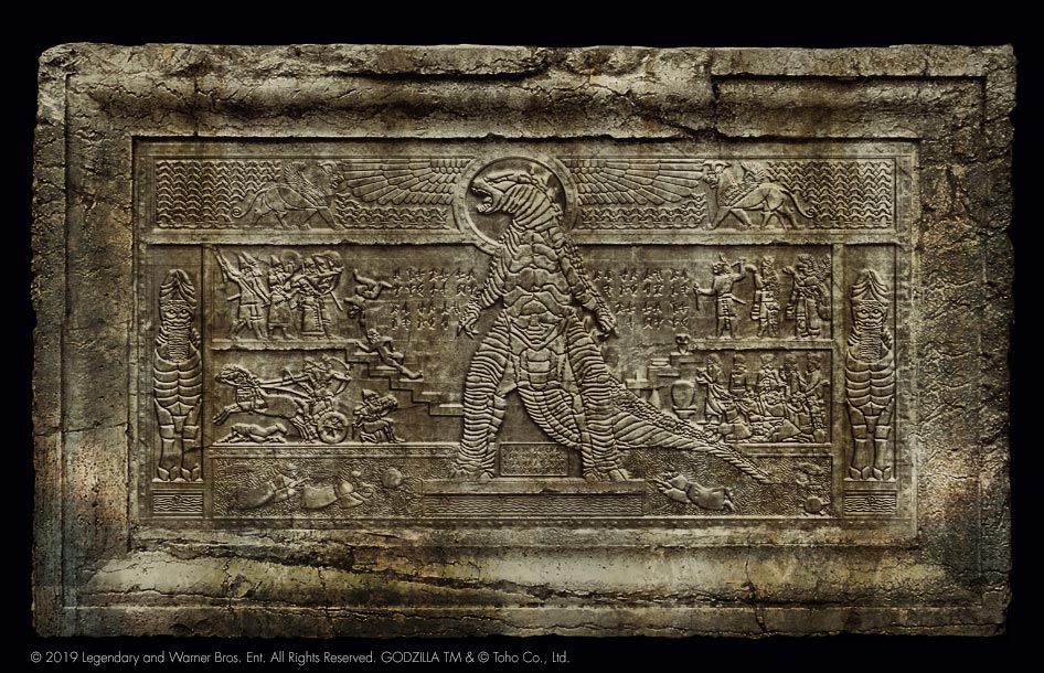conspiracy giant giant_monster godzilla godzilla:_king_of_the_monsters godzilla_(series) hieroglyphics kaiju legendary_pictures monarch_(monsterverse) monster monsterverse mural official_art promotional_art sculpture stone toho viral_marketing