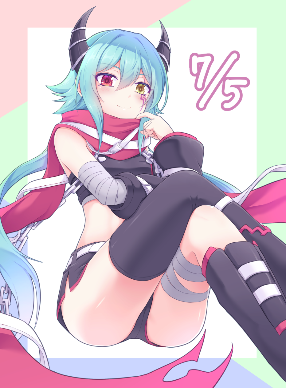 1girl anna_(princess_connect!) asymmetrical_legwear bandaged_arm bandaged_leg bandages black_boots black_shorts black_sleeves black_thighhighs blue_hair boots chain closed_mouth crop_top crossed_legs detached_sleeves dolphin_shorts facial_mark floating_hair heterochromia highres horns knee_boots long_hair long_sleeves low_twintails midriff princess_connect! red_eyes red_scarf saisyuusensi scarf short_shorts shorts single_thighhigh sitting smile solo split_mouth stomach thighhighs twintails very_long_hair yellow_eyes