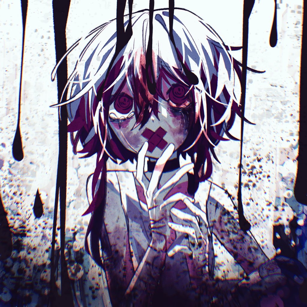 1girl black_choker black_liquid bruise bruise_on_face choker chromatic_aberration commentary covered_mouth crossed_bandaids crying crying_with_eyes_open hair_between_eyes hands_up injury long_hair multicolored_hair original red_eyes red_hair self-harm solo symbol-only_commentary tank_top tears twintails two-tone_hair upper_body white_hair white_tank_top wrist_cutting zer0h