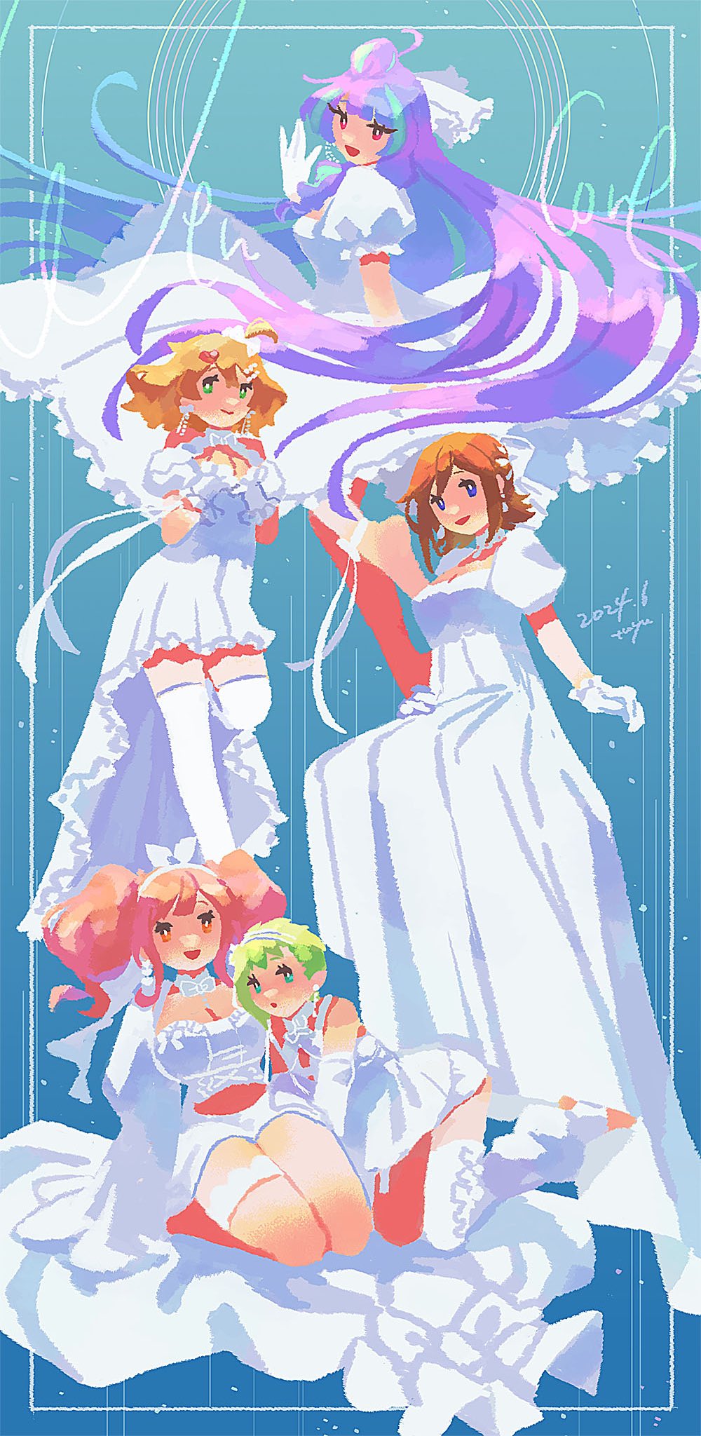 5girls blue_eyes breasts brown_eyes cleavage dress freyja_wion frills gloves green_eyes green_hair hair_between_eyes hair_ornament heart heart_hair_ornament highres jewelry kaname_buccaneer large_breasts long_hair looking_at_viewer macross macross_delta macross_delta:_zettai_live!!!!!! makina_nakajima mikumo_guynemer multicolored_hair multiple_girls open_mouth orange_hair pink_hair pointy_ears purple_hair red_hair reina_prowler ro_(tuyu_416) short_hair smile twintails two-tone_hair walkure_(macross_delta) white_dress white_gloves