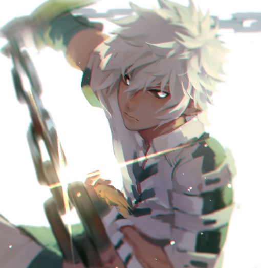 1boy aotu_world black_eyes black_sclera blurry bokyo chain chromatic_aberration closed_mouth colored_sclera dark-skinned_male dark_skin depth_of_field fighting_stance fingerless_gloves gloves hair_between_eyes holding holding_weapon looking_at_viewer male_focus motion_blur shirt short_hair short_sleeves silver_(aotu_world) simple_background solo weapon white_background white_hair white_shirt