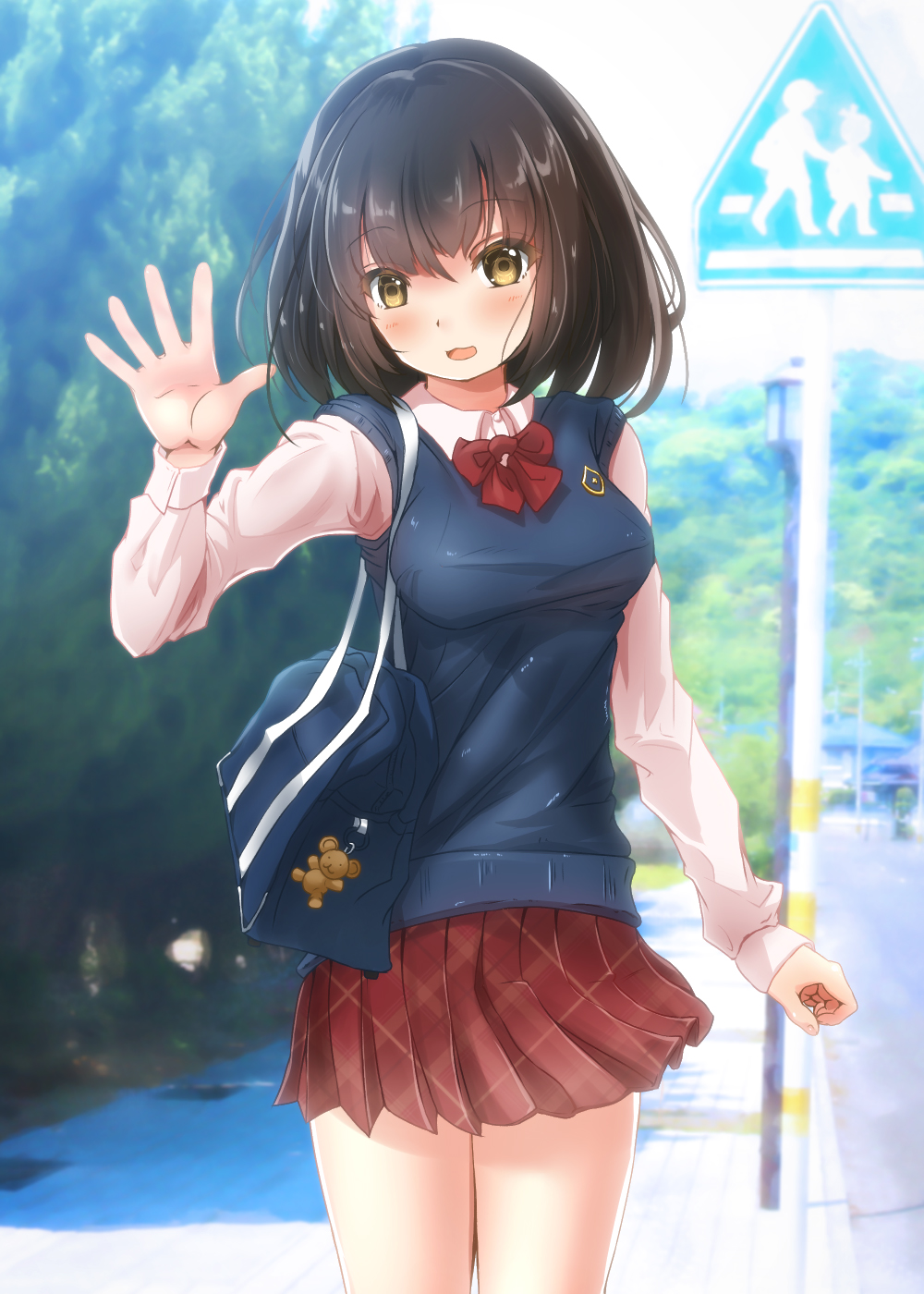 1girl bag black_hair brown_eyes female_focus highres looking_at_viewer open_mouth original outdoors red_skirt road school_uniform serafuku shoulder_bag sign skirt smile solo street tachiinu walking waving