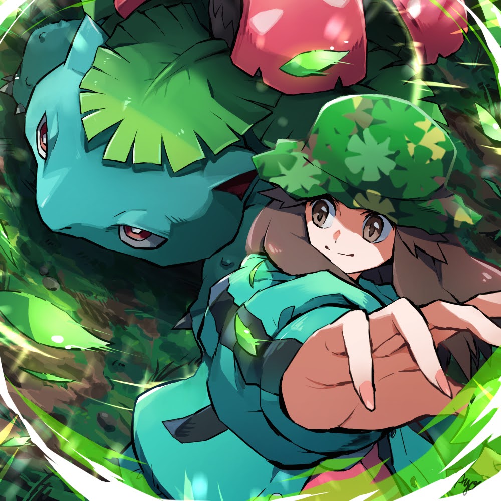 1girl ayo_(ayosanri009) brown_eyes brown_hair closed_mouth falling_leaves gen_1_pokemon grass green_hat green_jacket hashtag-only_commentary hat jacket leaf leaf_(pokemon) leaf_(sygna_suit)_(pokemon) long_hair long_sleeves nintendo official_alternate_costume outdoors pink_shirt pokemon pokemon_(creature) pokemon_masters_ex shirt smile venusaur