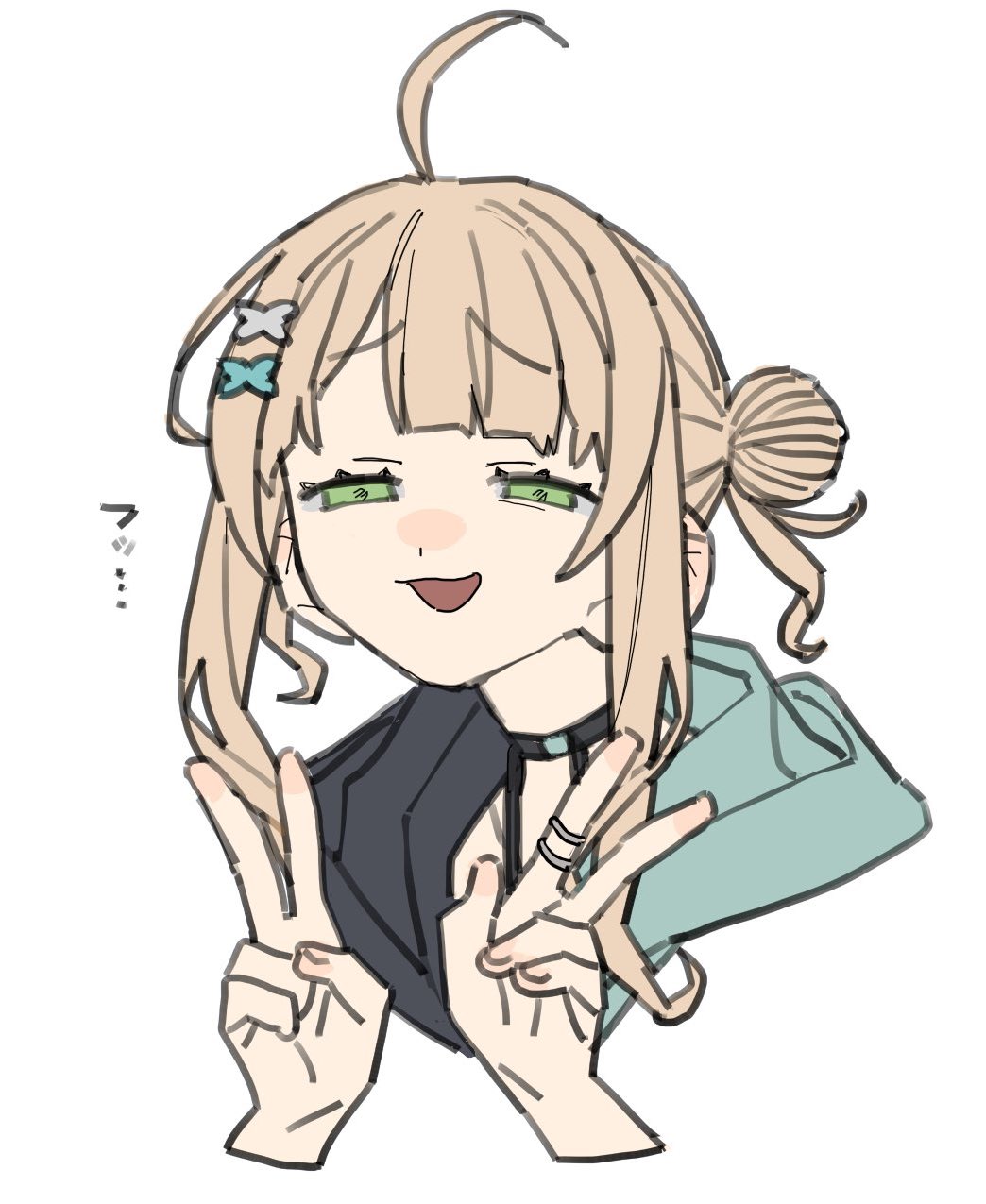 1girl dayama green_eyes hair_bun highres kaburaki_roco nijisanji smug solo v virtual_youtuber white_background