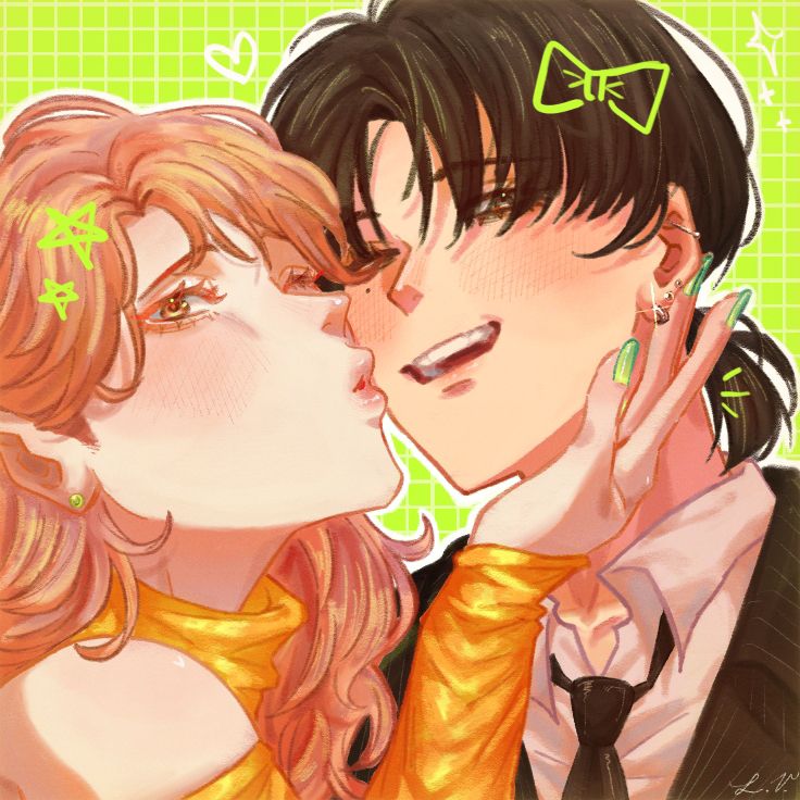 2girls :d androgynous bare_shoulders bingbongdingdong black_hair black_jacket blush bow bowtie collared_shirt commentary couple earrings english_commentary furrowed_brow green_background green_nails grid_background hand_on_another&#039;s_face heads_together heart jacket jewelry kininatteru_hito_ga_otoko_ja_nakatta kiss kissing_cheek koga_mitsuki long_hair looking_at_viewer multiple_girls oosawa_aya open_mouth orange_eyes orange_hair orange_sweater ponytail portrait pursed_lips shirt short_hair short_ponytail signature smile sparkle star_(symbol) stud_earrings suit_jacket sweater teeth upper_teeth_only white_shirt yuri