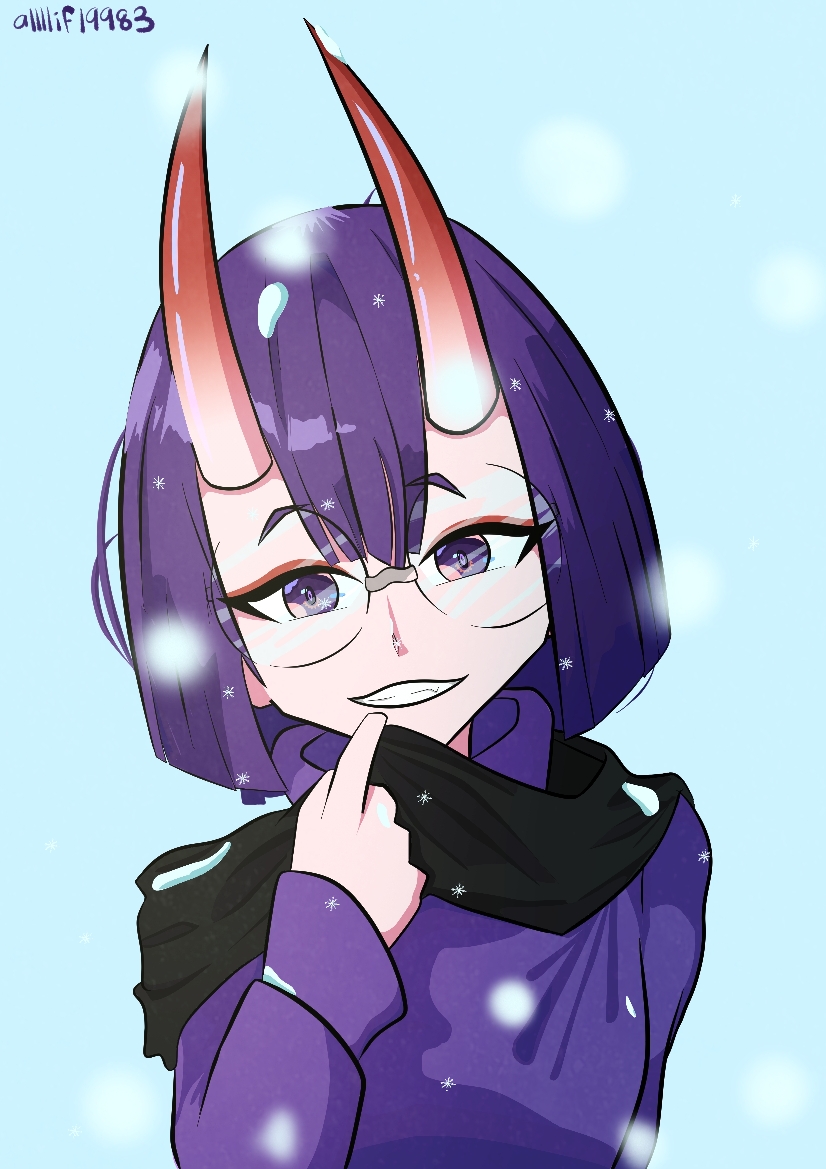 1girl adjusting_scarf artist_name black_scarf commentary english_commentary fate/grand_order fate_(series) glasses gradient_horns grin horns ilovyuukakazami looking_at_viewer multicolored_horns purple_eyes purple_hair purple_sweater red_horns scarf short_hair shuten_douji_(fate) smile snow_on_clothes snow_on_head snowing solo sweater teeth turtleneck turtleneck_sweater