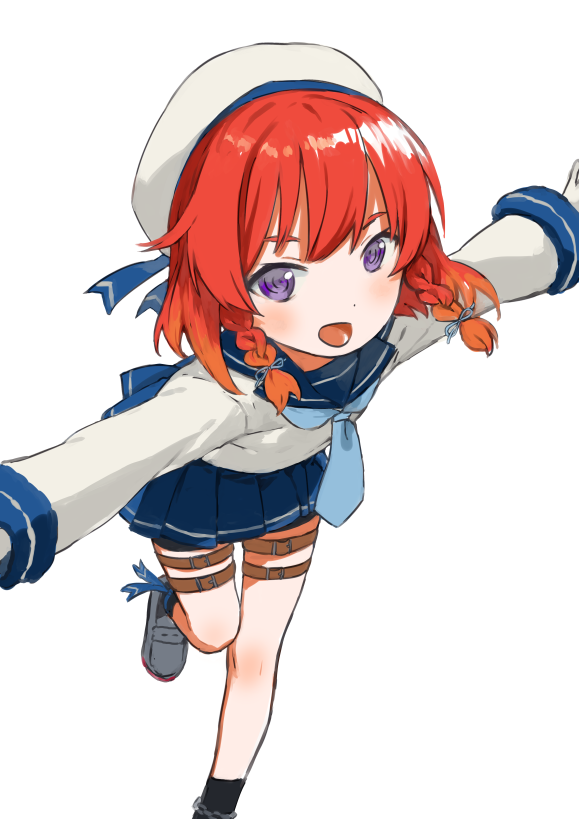 1girl :d beret blue_neckerchief blue_sailor_collar braid commentary_request etorofu_(kancolle) hat kantai_collection karamomo long_sleeves looking_at_viewer neckerchief open_mouth pleated_skirt purple_eyes red_hair sailor_collar school_uniform serafuku short_hair simple_background skirt smile solo white_background