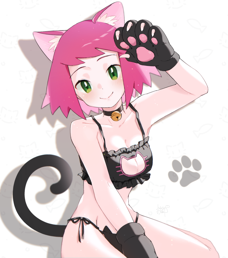 1girl animal_ears animal_hands bare_shoulders bikini black_bikini breasts cat_cutout cat_day cat_ears cat_girl cat_tail cleavage cleavage_cutout clothing_cutout collarbone gloves green_eyes medium_breasts medium_hair mega_man_(series) mega_man_star_force_(series) paw_gloves red_hair sakuraba_(cerisier_x) shadow side-tie_bikini_bottom simple_background solo sonia_strumm_(mega_man) spaghetti_strap swimsuit tail white_background