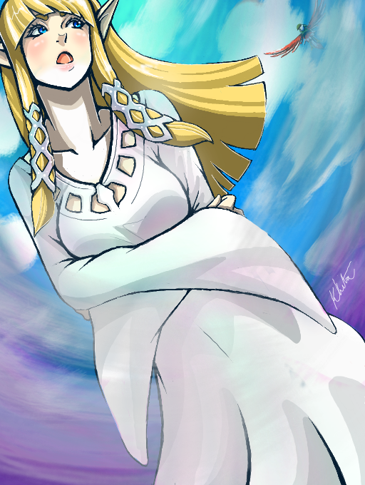 1girl bad_id bad_pixiv_id bird blonde_hair blue_eyes blush dress female_focus hair_tubes link lock_&amp;_sticky loftwing long_hair nintendo pointy_ears princess_zelda solo the_legend_of_zelda the_legend_of_zelda:_skyward_sword white_dress