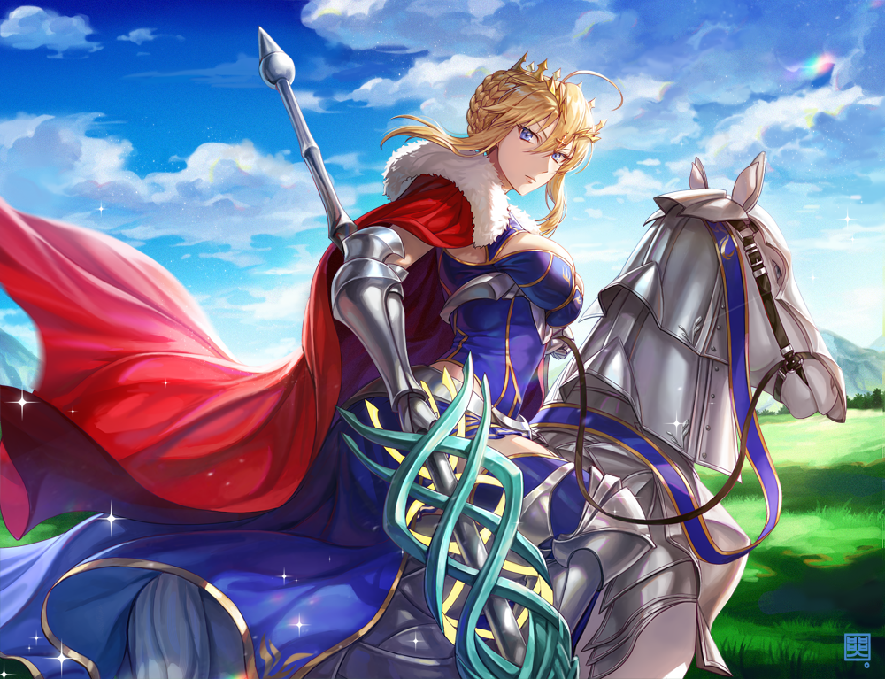 1girl armor armored_animal artoria_pendragon_(fate) artoria_pendragon_(lancer)_(fate) box_(hotpppink) breasts cape cleavage crown dun_stallion_(fate) fate/apocrypha fate/grand_order fate_(series) gauntlets holding holding_polearm holding_weapon horse lance large_breasts looking_at_viewer polearm red_cape rhongomyniad_(fate) riding solo thighhighs weapon