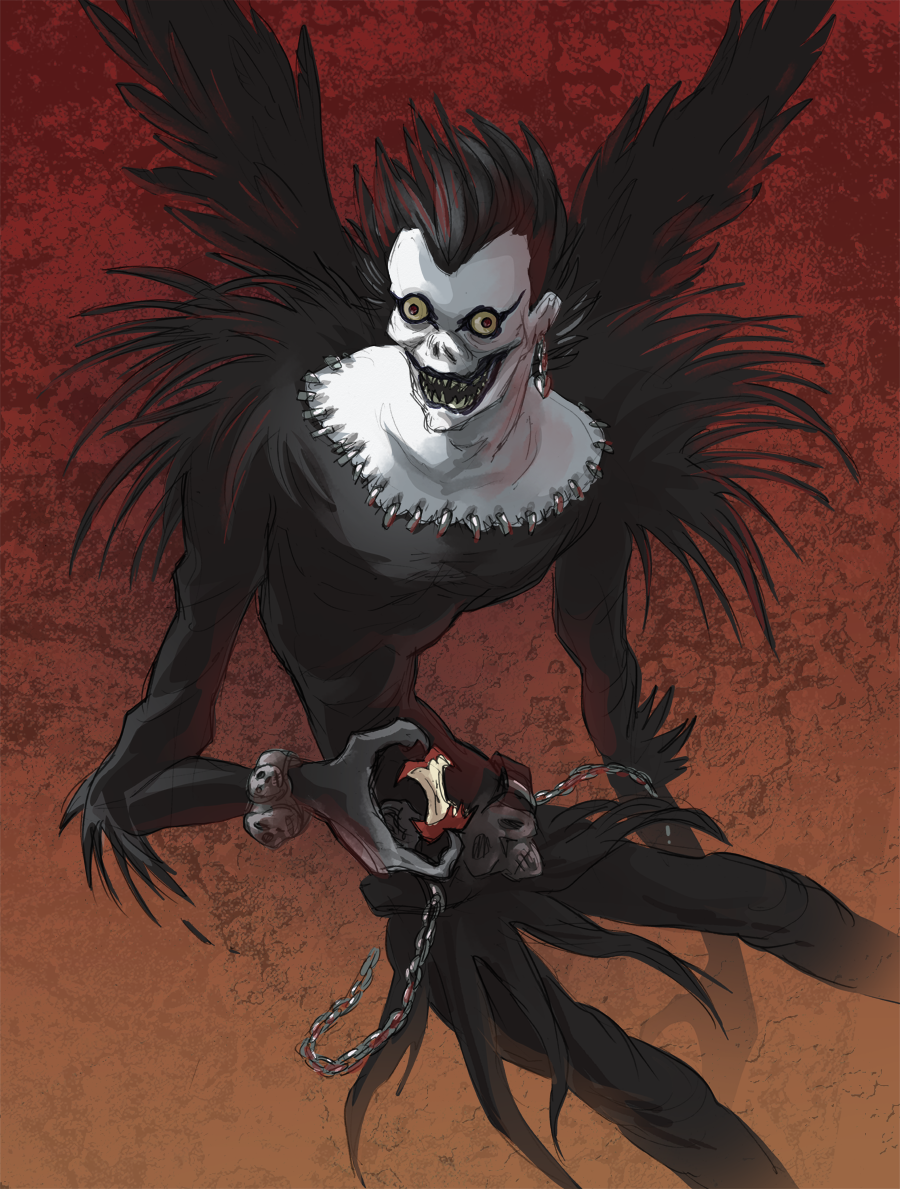 1boy abby_howard apple apple_core black_bodysuit black_hair bodysuit chain colored_skin commentary death_note earrings english_commentary food fruit holding jewelry male_focus open_mouth red_background red_eyes ryuk sharp_teeth shinigami shirt skinny smile solo teeth white_skin widow&#039;s_peak yellow_shirt