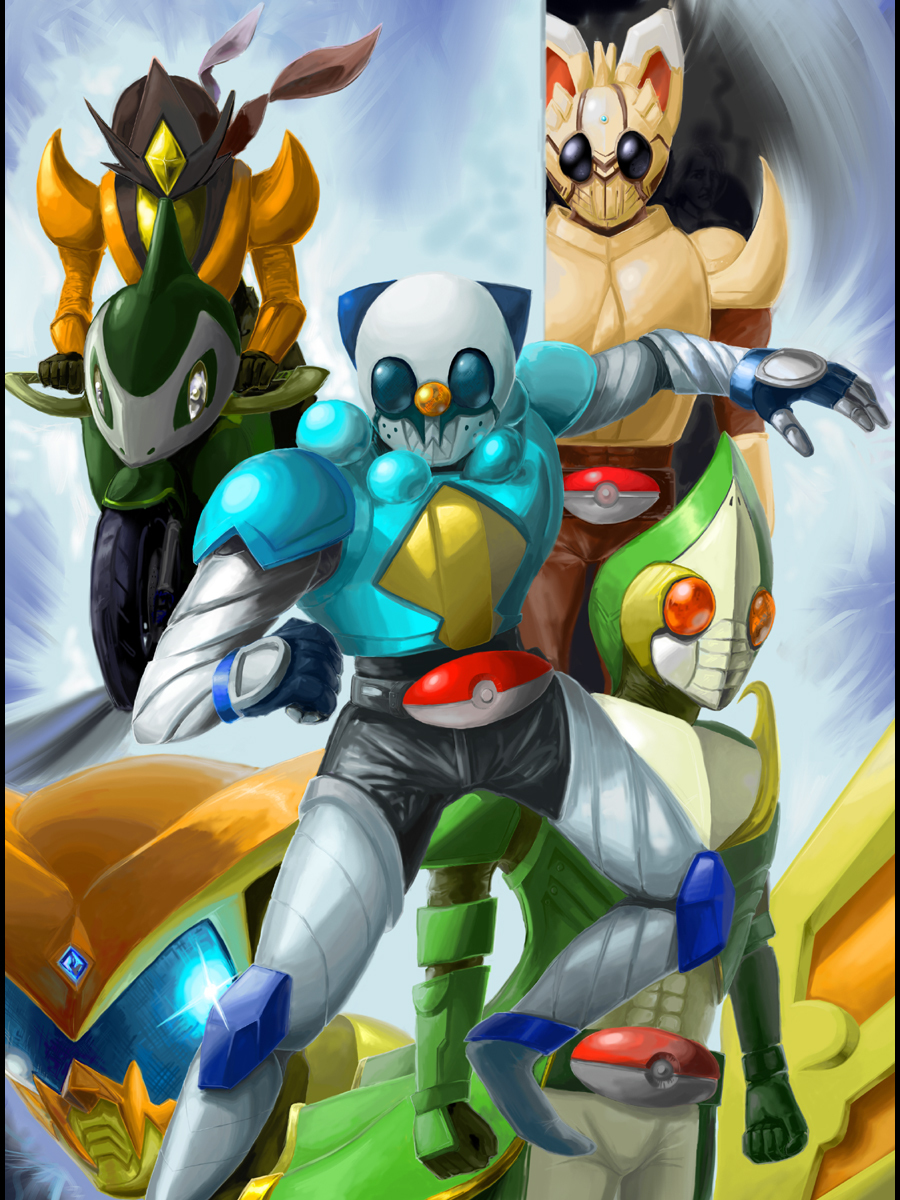 5boys axew belt boris_(noborhys) gen_5_pokemon highres kamen_rider kamen_rider_blade kamen_rider_blade_(series) kamen_rider_chalice kamen_rider_garren kamen_rider_glaive kamen_rider_leangle legendary_pokemon minccino motor_vehicle motorcycle multiple_boys mythical_pokemon nintendo oshawott parody poke_ball_symbol pokemon pokemon_(creature) snivy starter_pokemon_trio tepig vehicle victini