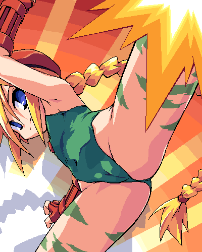 1girl beret blonde_hair braid cameltoe cammy_white cammy_white_(cosplay) capcom cosplay female_focus fighting flat_chest girl_with_a_blonde_braid_(tomoshibi_hidekazu) hat kicking leotard loli long_hair lowres mof oekaki original petite redrantem redrantem&#039;s_orange_haired_girl solo street_fighter tomoshibi_hidekazu very_long_hair