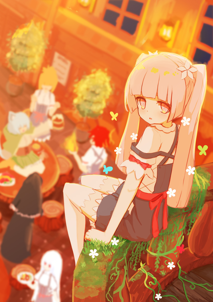 arm_at_side blonde_hair blunt_bangs blunt_ends blurry blurry_background bow bug butterfly dress expressionless flower from_above from_side hair_flower hair_ornament indoors inn insect lamp long_hair looking_at_viewer looking_to_the_side moss original panties parted_lips people plant red_bow red_eyes red_sash sash short_dress short_sleeves sitting solarisu strap_slip tavern thighhighs turning_head twintails underwear white_flower white_thighhighs window