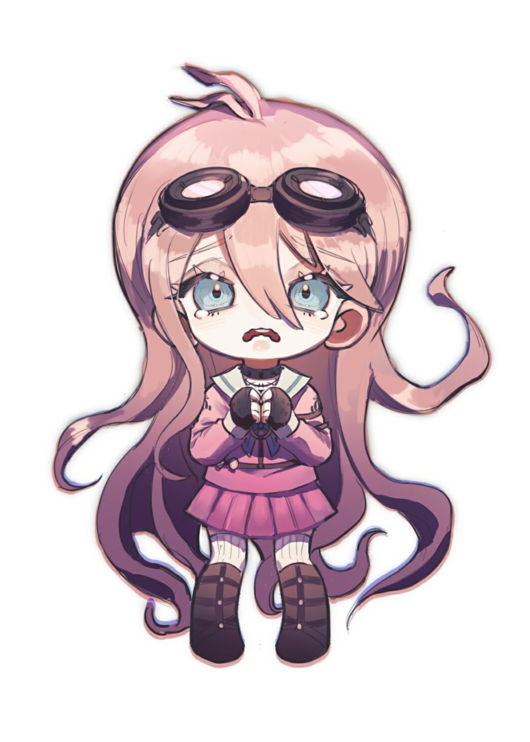1girl 2shang29 antenna_hair barbed_wire black_choker blonde_hair blue_eyes boots brown_boots brown_gloves chibi choker danganronpa_(series) danganronpa_v3:_killing_harmony eyelashes eyewear_on_head fingerless_gloves full_body gloves goggles goggles_on_head highres iruma_miu long_hair long_sleeves open_mouth pink_serafuku pink_shirt pink_skirt sailor_collar school_uniform serafuku shirt simple_background skirt socks solo standing tearing_up teeth upper_teeth_only very_long_hair wavy_mouth white_background white_sailor_collar white_socks