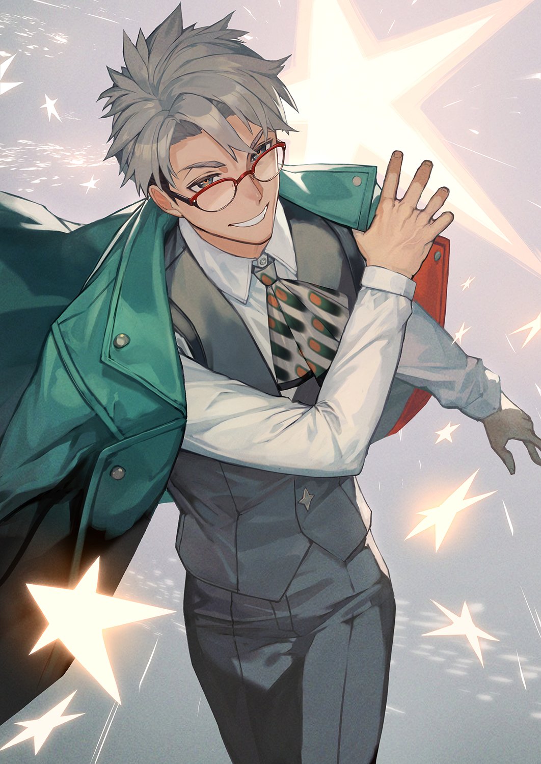 1boy arurandeisu ascot black_pants black_vest collared_shirt glasses green_jacket grey_ascot grey_background grey_eyes grey_hair hair_between_eyes hand_up highres holostars jacket jacket_on_shoulders lack long_sleeves looking_at_viewer male_focus official_alternate_costume pants parted_lips red-framed_eyewear shirt short_hair sideburns smile solo spiked_hair star_(symbol) star_symbol_background v-shaped_eyebrows vest virtual_youtuber white_shirt