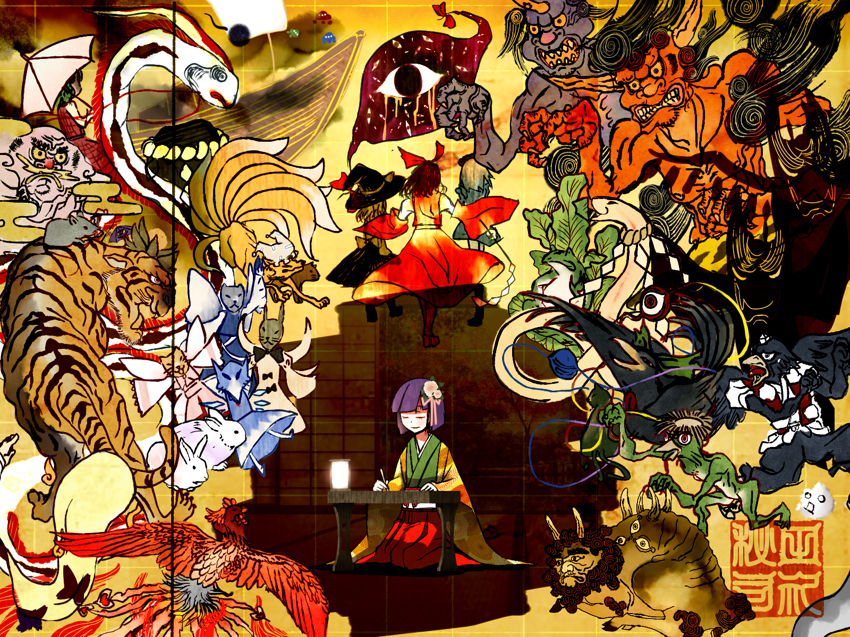 chen circled_9 cirno hakurei_reimu hieda_no_akyuu hoshiguma_yuugi ibuki_suika kazami_yuuka kirisame_marisa luna_child nagae_iku nazrin shameimaru_aya star_sapphire sunny_milk toramaru_shou touhou unzan yakumo_ran yakumo_yukari yasaka_kanako yasaka_kanako_(snake)