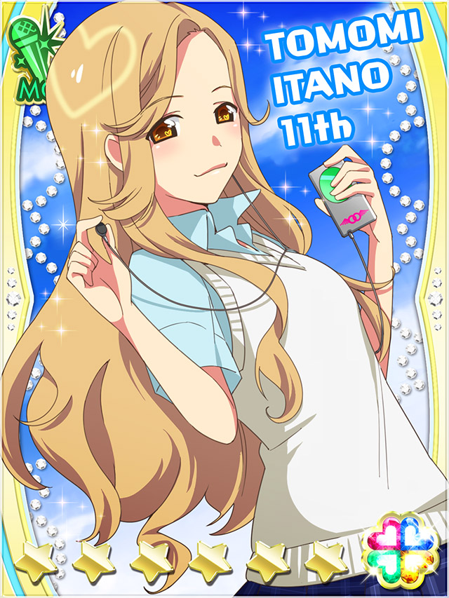 1girl akb0048 blue_shirt blue_skirt brown_eyes brown_hair card_(medium) character_name closed_mouth collared_shirt cowboy_shot digital_media_player dutch_angle earbuds earphones from_side heart holding holding_digital_media_player holding_earphones itano_tomomi_(akb0048) long_hair looking_at_viewer looking_to_the_side non-web_source official_art pleated_skirt school_uniform shirt short_sleeves single_earphone_removed skirt smile solo sparkle standing star_(symbol) vest white_vest