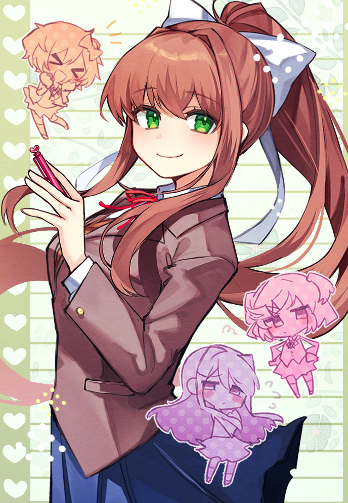 &gt;_&lt; 4girls :d blue_skirt blush bow brown_hair chibi closed_mouth doki_doki_literature_club flying_sweatdrops green_eyes hair_bow hair_ornament long_hair long_sleeves mechanical_pencil monika_(doki_doki_literature_club) multiple_girls natsuki_(doki_doki_literature_club) open_mouth pencil ponytail sayori_(doki_doki_literature_club) school_uniform short_hair skirt smile tsumikitsuki_(katsuobushi) x_hair_ornament xd yuri_(doki_doki_literature_club)