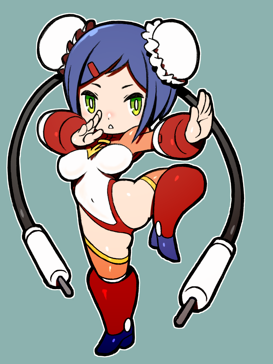1girl arcana_heart beeru_(veil8801) blue_background blue_hair breasts bright_pupils bun_cover cable covered_navel double_bun full_body green_eyes hair_bun hair_ornament hairclip highleg highleg_leotard highres large_breasts leg_up leotard mei-fang orange_shrug orange_thighhighs outline short_hair shrug_(clothing) simple_background solo standing standing_on_one_leg thighhighs white_leotard white_outline white_pupils