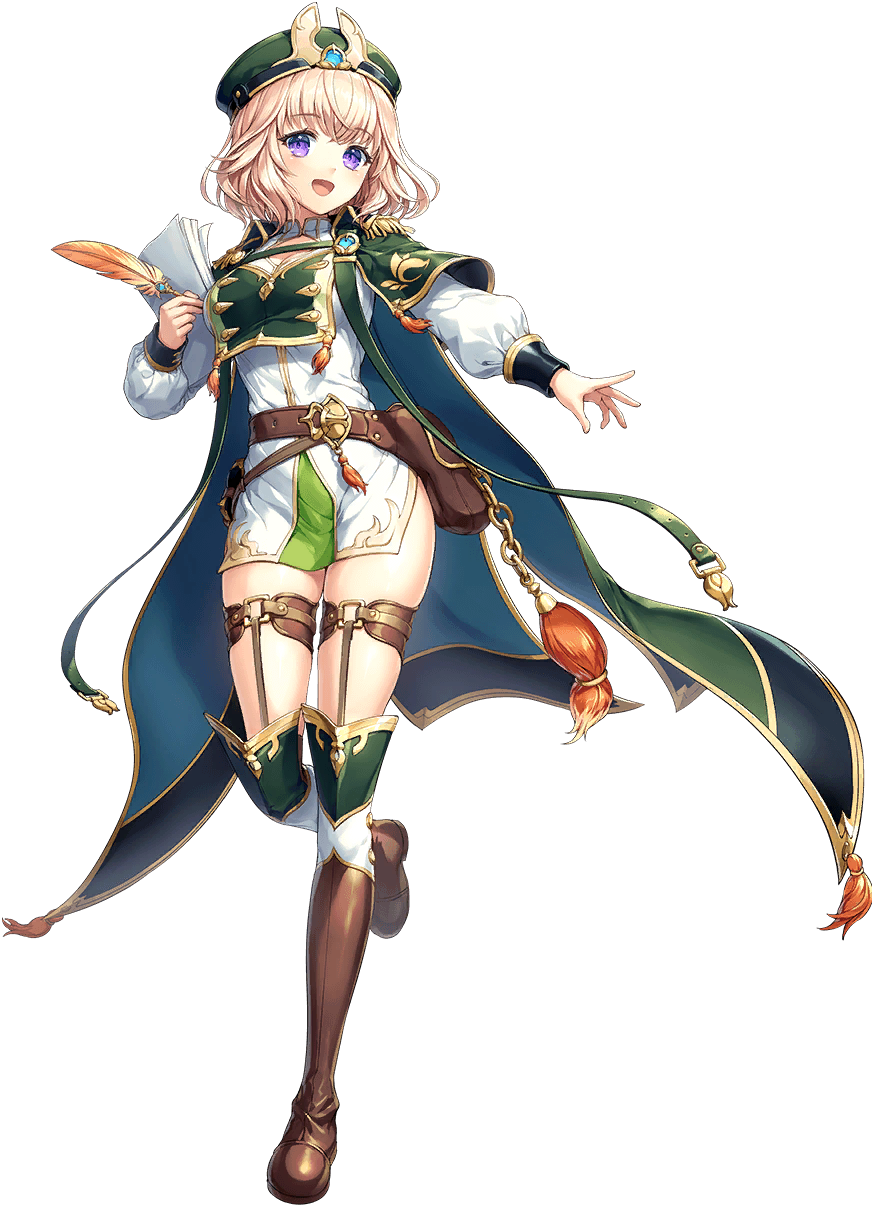 1girl artist_request bare_hips belt boots breasts cape epaulettes feathers full_body game_cg garter_straps highres holding holding_feather holding_paper kirsi_(unitia) long_sleeves official_art open_mouth paper purple_eyes solo source_request standing standing_on_one_leg third-party_source transparent_background unitia