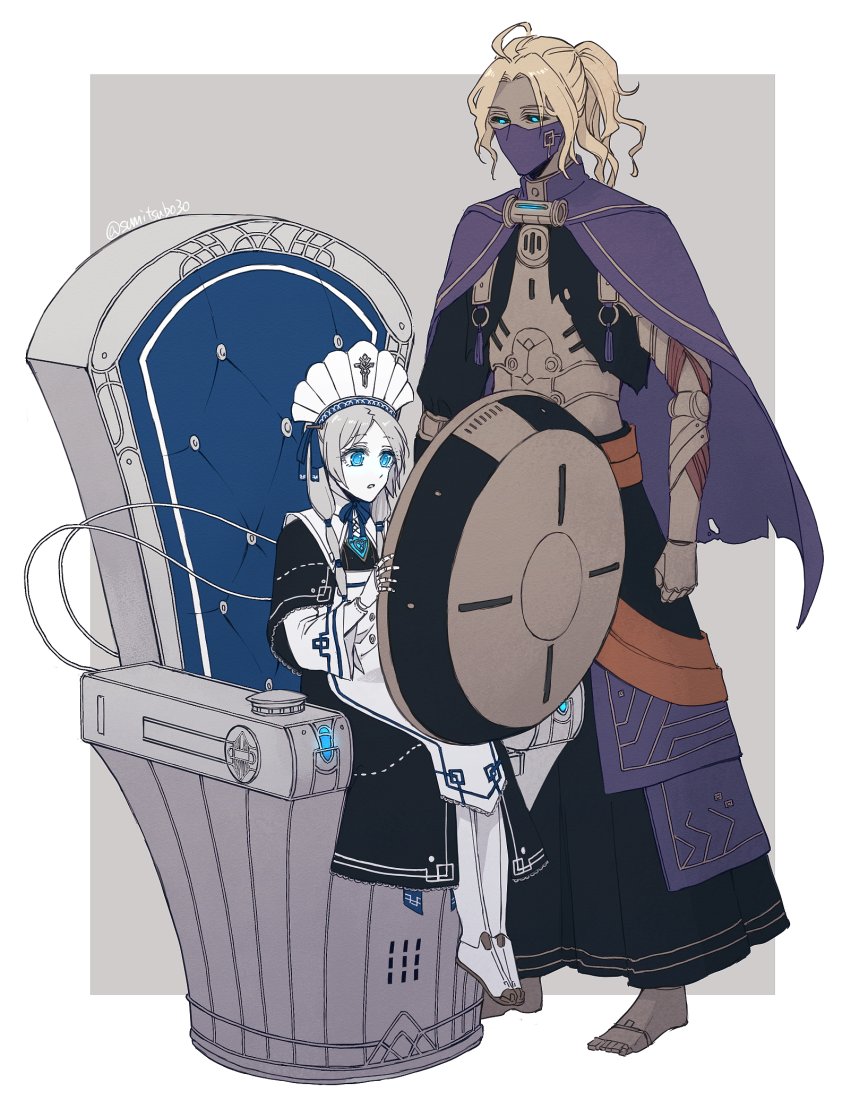 1boy 1girl android armchair black_sclera blonde_hair blue_eyes capelet chair colored_sclera commentary_request ender_lilies_quietus_of_the_knights ender_magnolia_bloom_in_the_mist full_body grey_hair hat lorna_(ender_magnolia) maid no.7_(ender_magnolia) ponytail sitting sorakaze_(mire) unworn_hat unworn_headwear wide_brim