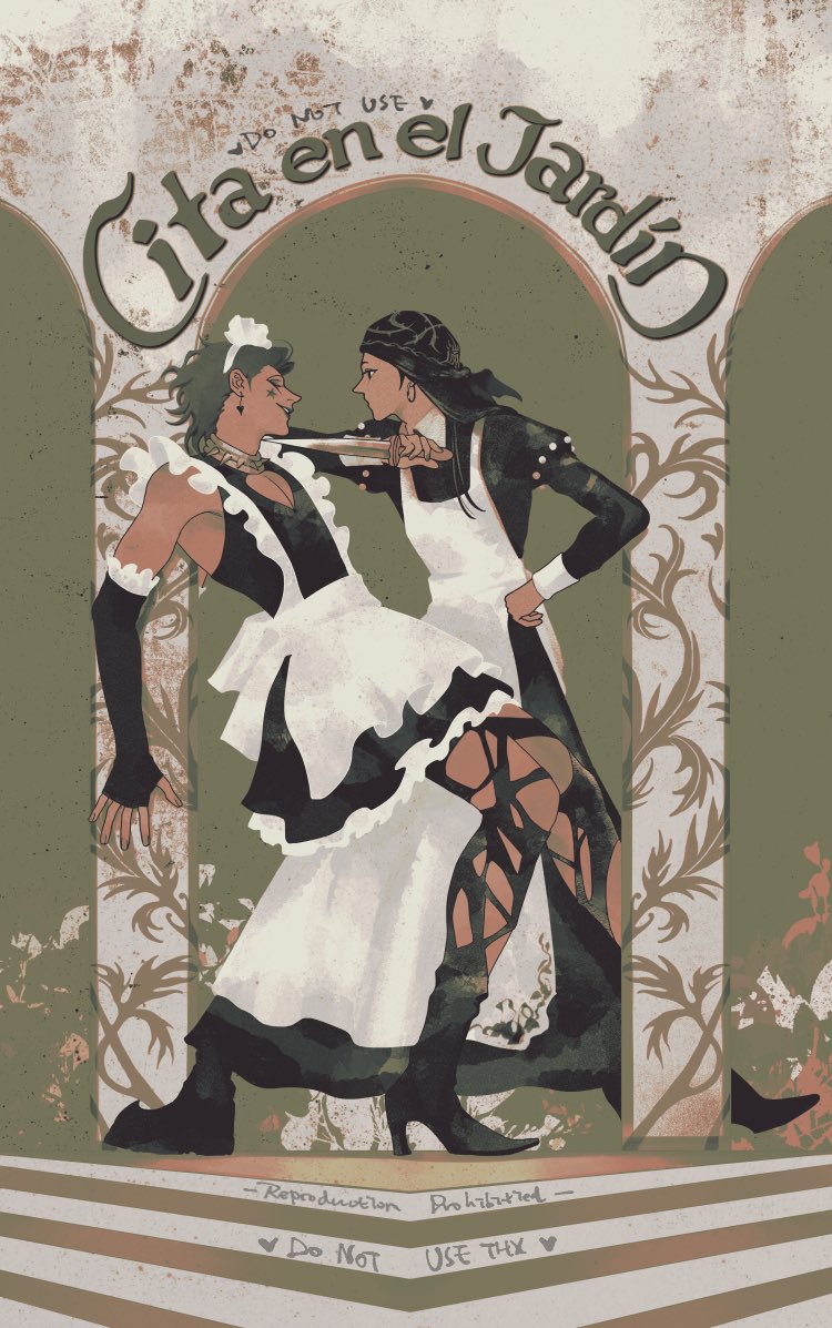 2boys against_wall apron bandana black_bandana black_dress black_gloves black_hair cleavage_cutout closed_eyes clothing_cutout crossdressing crossdressing_(mtf) dagger dress earrings english_text facial_mark fingerless_gloves frilled_gloves frills full_body gloves hand_on_own_hip heart_cutout hisoka_morow holding holding_dagger holding_knife holding_weapon hunter_x_hunter illumi_zoldyck jewelry kilva_lollop knife long_hair long_sleeves maid maid_apron maid_headdress male_focus multiple_boys profile see-through_clothes short_hair sleeveless smile star_(symbol) star_facial_mark weapon white_apron