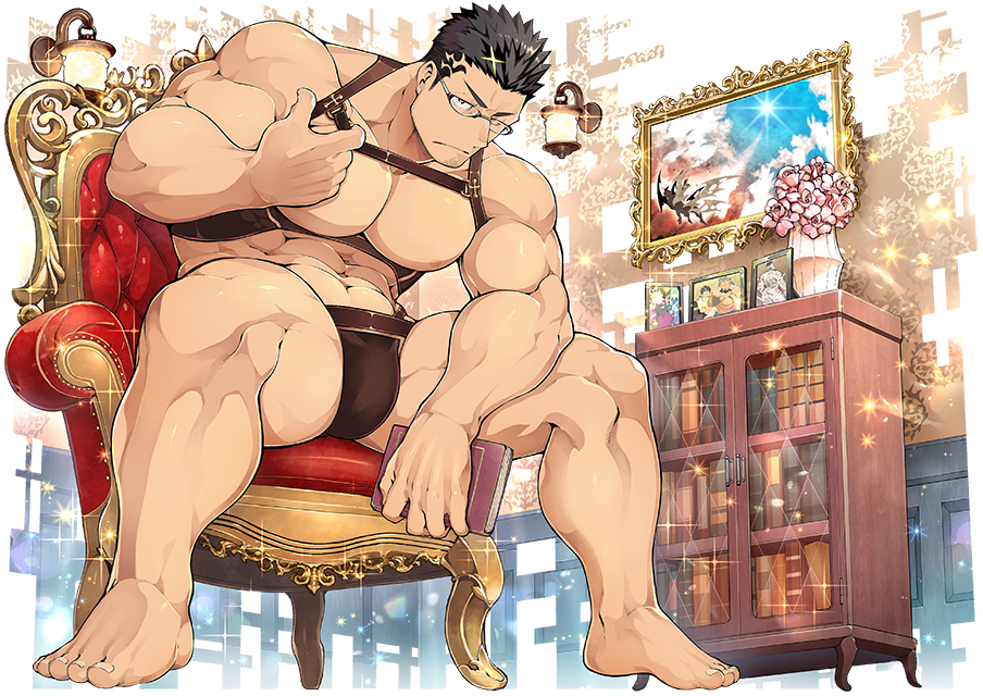 1boy abs alpha_transparency bara bare_pectorals barefoot biceps black_hair book bulge chair chest_harness crotch_plate facial_hair flower frown glasses harness jar large_pectorals leather looking_at_viewer male_focus manly mature_male muscular muscular_arms muscular_legs muscular_male naop_(anything) navel nipples no_pants official_art one_eye_closed painting_(object) pectorals portrait_(object) room shelf sideburns sitting solo spiked_hair spread_legs stubble thick_eyebrows thighs third-party_source tokyo_houkago_summoners transparent_background yellow_eyes zabaniyya_(fashionista_swimsuit)_(housamo) zabaniyya_(housamo)