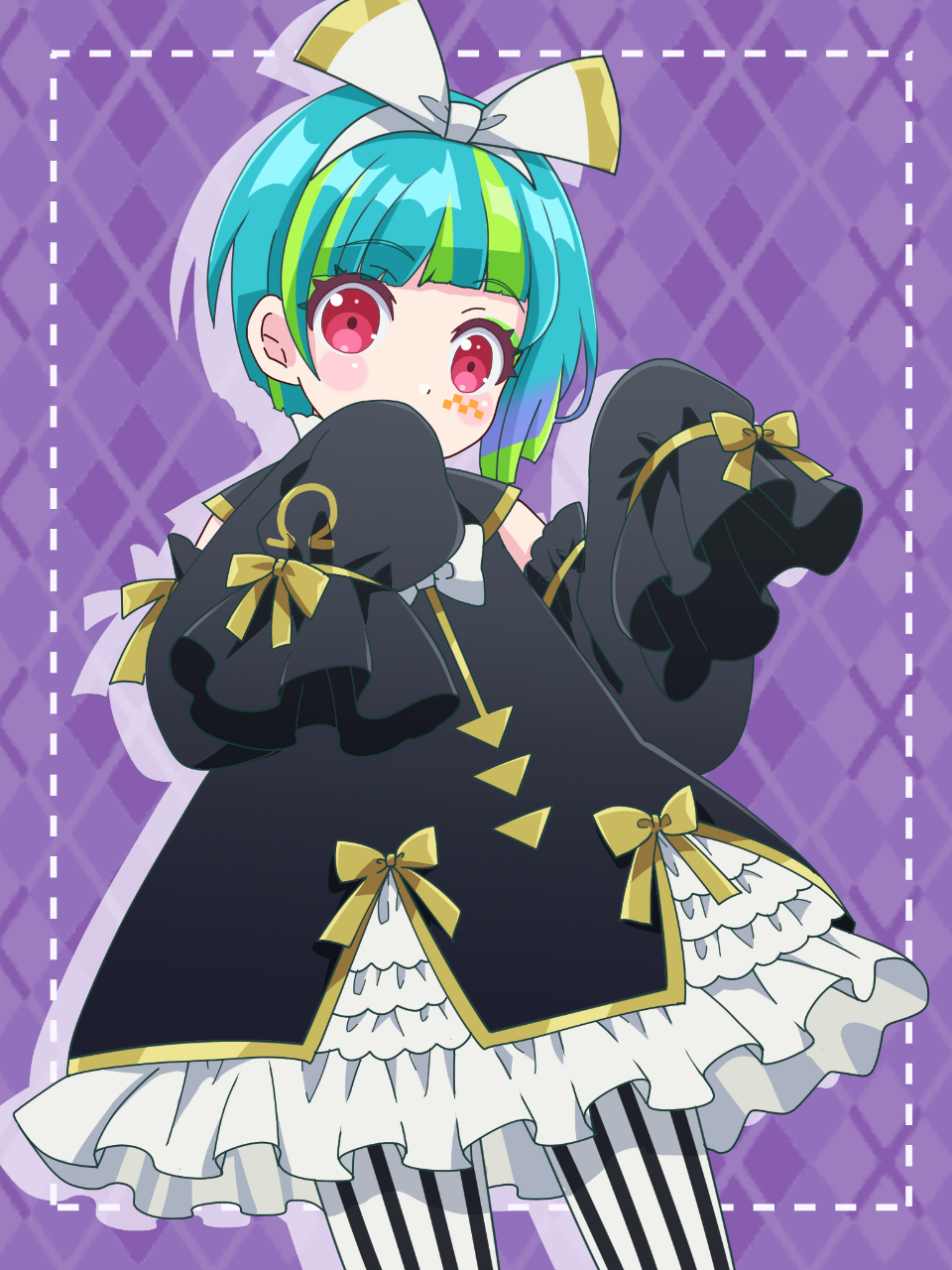 1girl argyle_background black_dress blue_hair blunt_bangs bow bow_hairband commentary_request cowboy_shot detached_sleeves dress eyeshadow facial_mark frilled_dress frills green_eyeshadow green_hair hair_bow hairband hands_up highres idol_clothes kikuta_michiyo long_sleeves looking_at_viewer makeup multicolored_hair omega_auru omega_auru_(primagista) omega_symbol pretty_series purple_background red_eyes ribbon short_hair sleeves_past_fingers sleeves_past_wrists solo streaked_hair waccha_primagi! white_bow yellow_ribbon