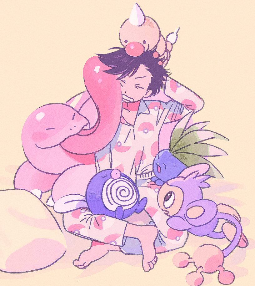 1boy =_= ^_^ aipom annoyed arm_behind_head arm_up barefoot black_hair closed_eyes dot_nose ethan_(pokemon) facing_ahead facing_viewer flipped_bangs gen_1_pokemon gen_2_pokemon indian_style licking licking_another&#039;s_face lickitung long_sleeves looking_at_another messy_hair nintendo oddish on_floor on_head on_lap pajamas pants pillow poke_ball_print pokemon pokemon_(creature) pokemon_adventures pokemon_on_head pokemon_on_lap pokemon_on_leg poliwag seirakun3 shadow shirt shirt_partially_tucked_in short_hair simple_background sitting sleeping wavy_mouth weedle white_pajamas white_shirt yellow_background